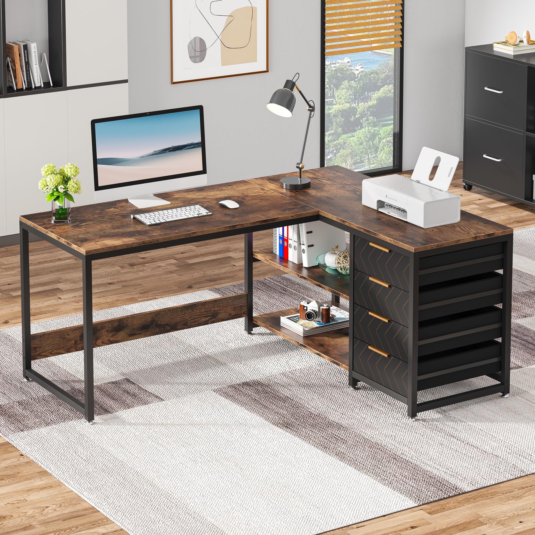 Tribesigns Biurko z 4 szufladami, biurko komputerowe w kształcie litery L z 2 półkami, dwustronne biurko narożne do biura, gabinetu, salonu, 150 x 110 x 75 cm (brązowe)