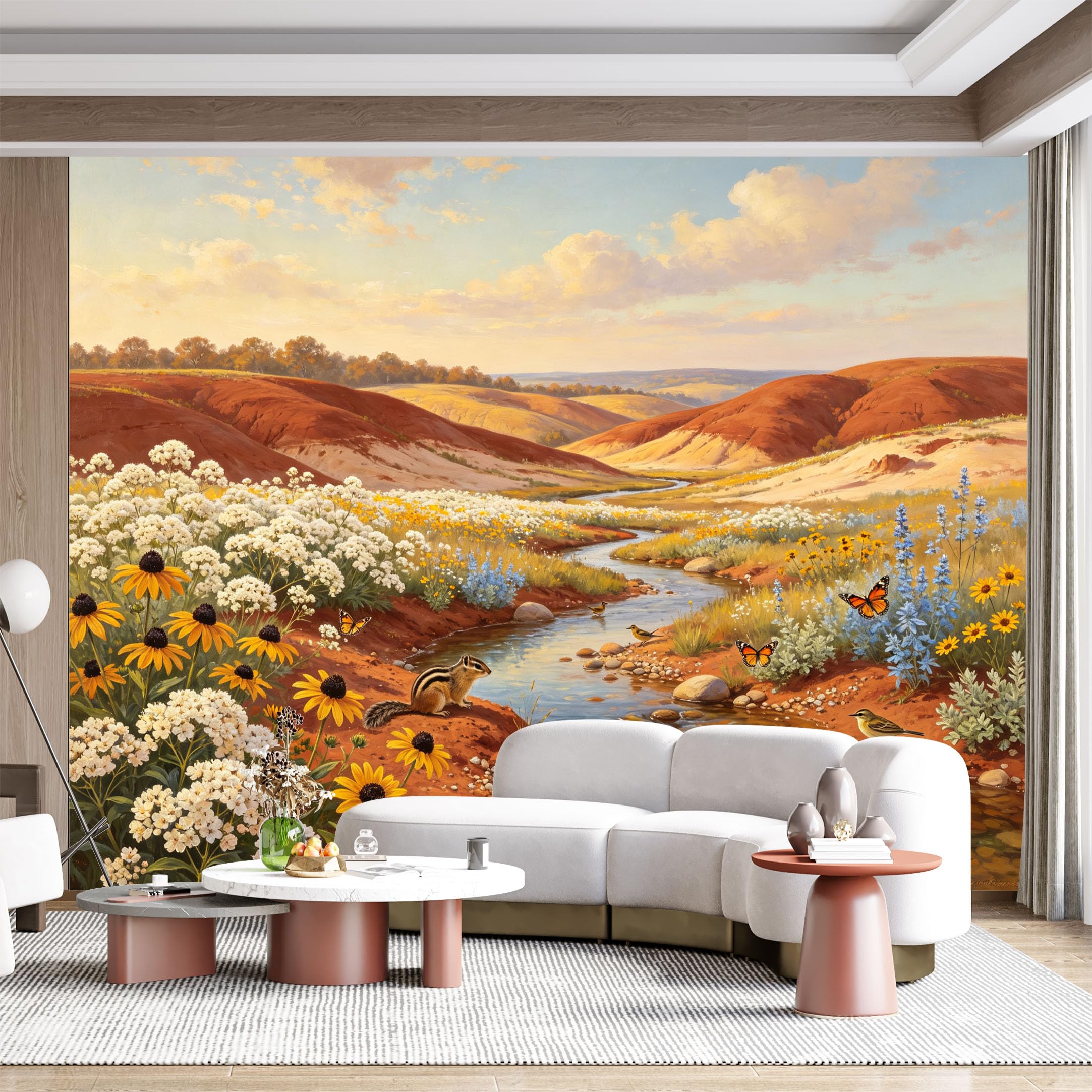 Custom Size Wall Mural Pastoral Landscape Meadow Floral Wildlife Oil Painting SelfAdhesive Wall Fabric Removable for Home Office Decor