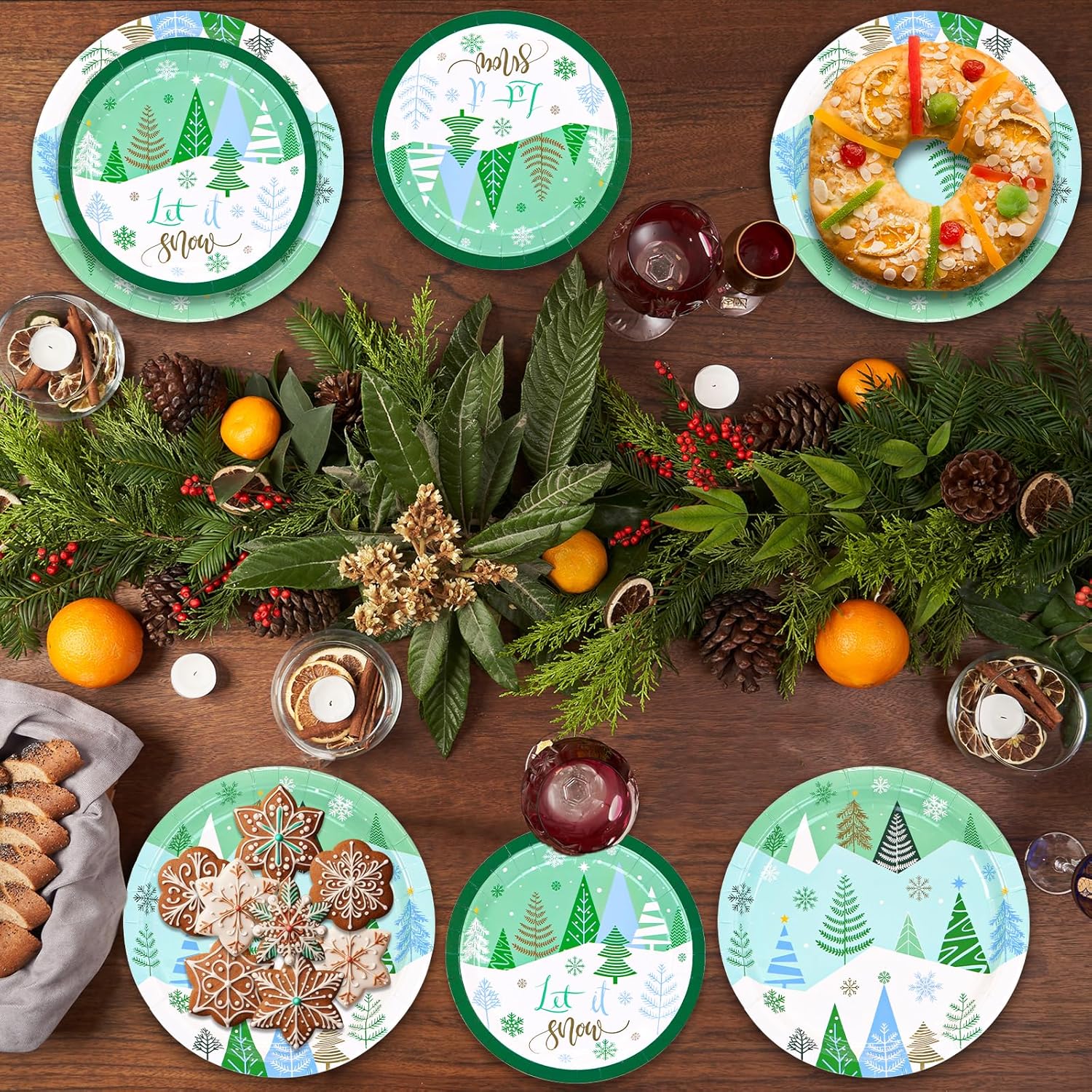 Winter Party Supplies Plates Bundle, 50 Dinner Plates (9.2") & 50 Dessert Plates (7") - Paper Disposable Bulk Set Winter Holiday Partyware, Total 100 Pieces