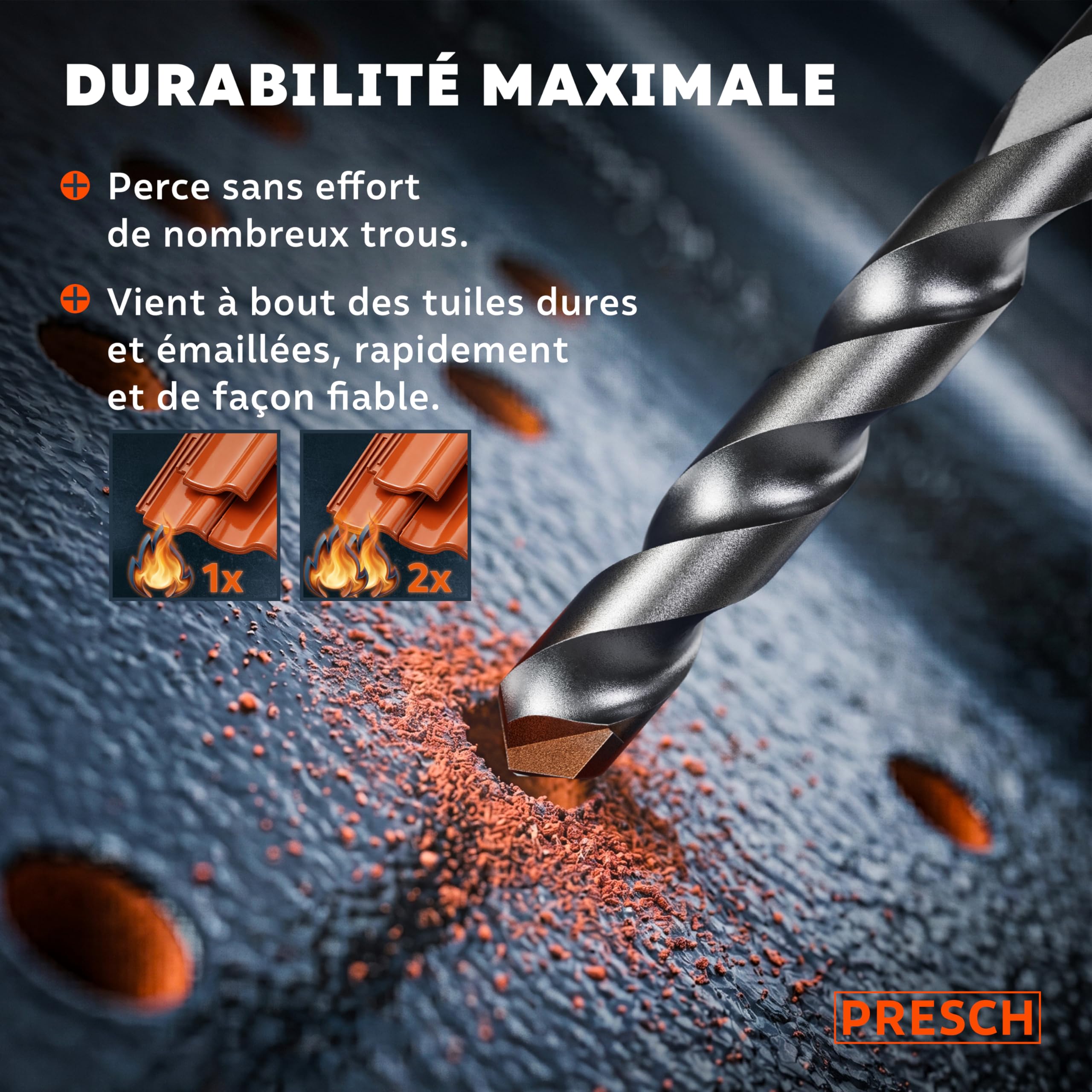 PRESCH Forets pour Tuiles 5mm (10 pcs) – Perçages propres dans les tuiles dures - Foret hexagonal avec pointe en carbure – Foret carrelage robuste pour tuile, céramique, granit & marbre