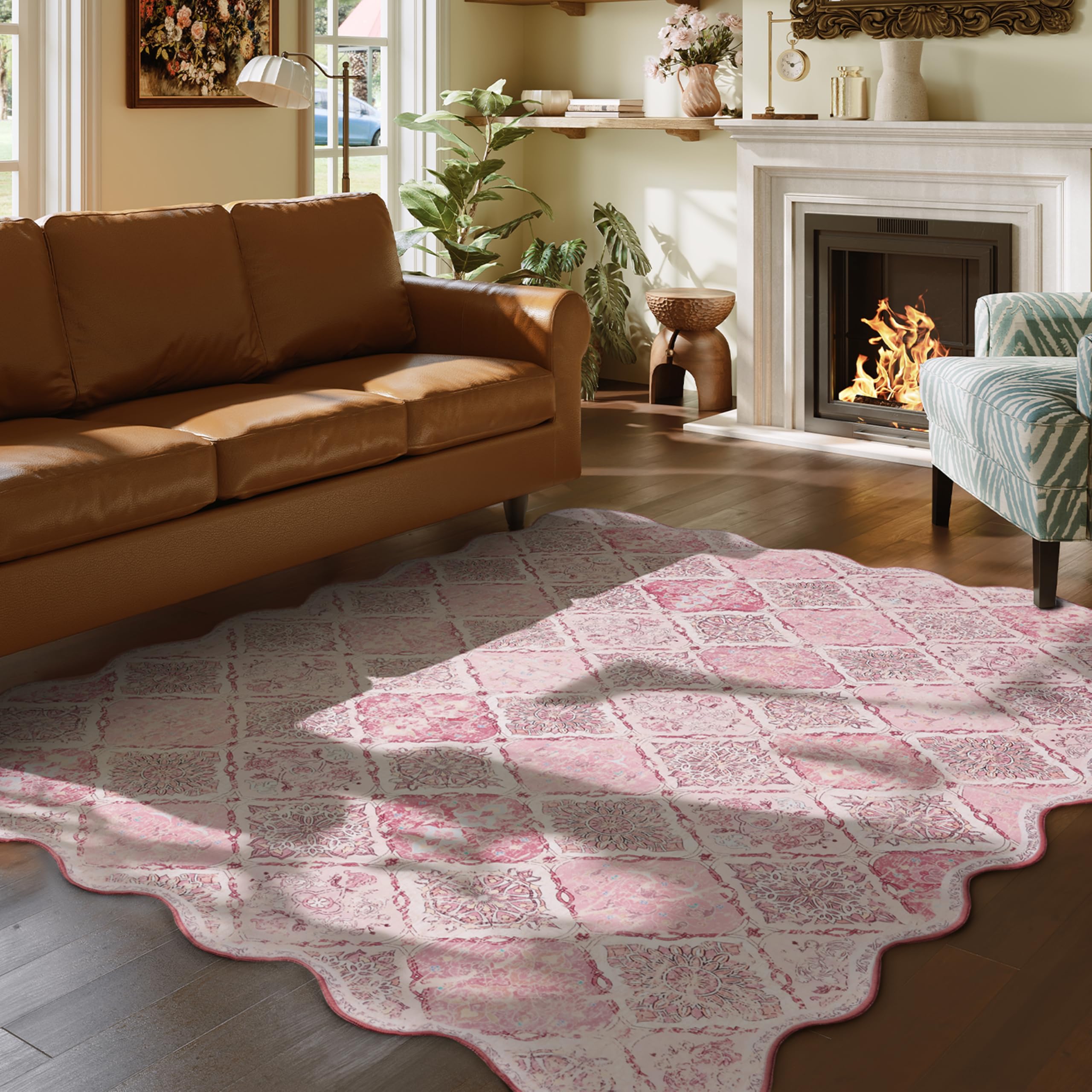 Moroccan 5x7 Area Rug Unique Scalloped Ultra-Thin Soft Washable Rug Boho Non-Slip Stain Resistant Lightweight Low-Pile Carpet for