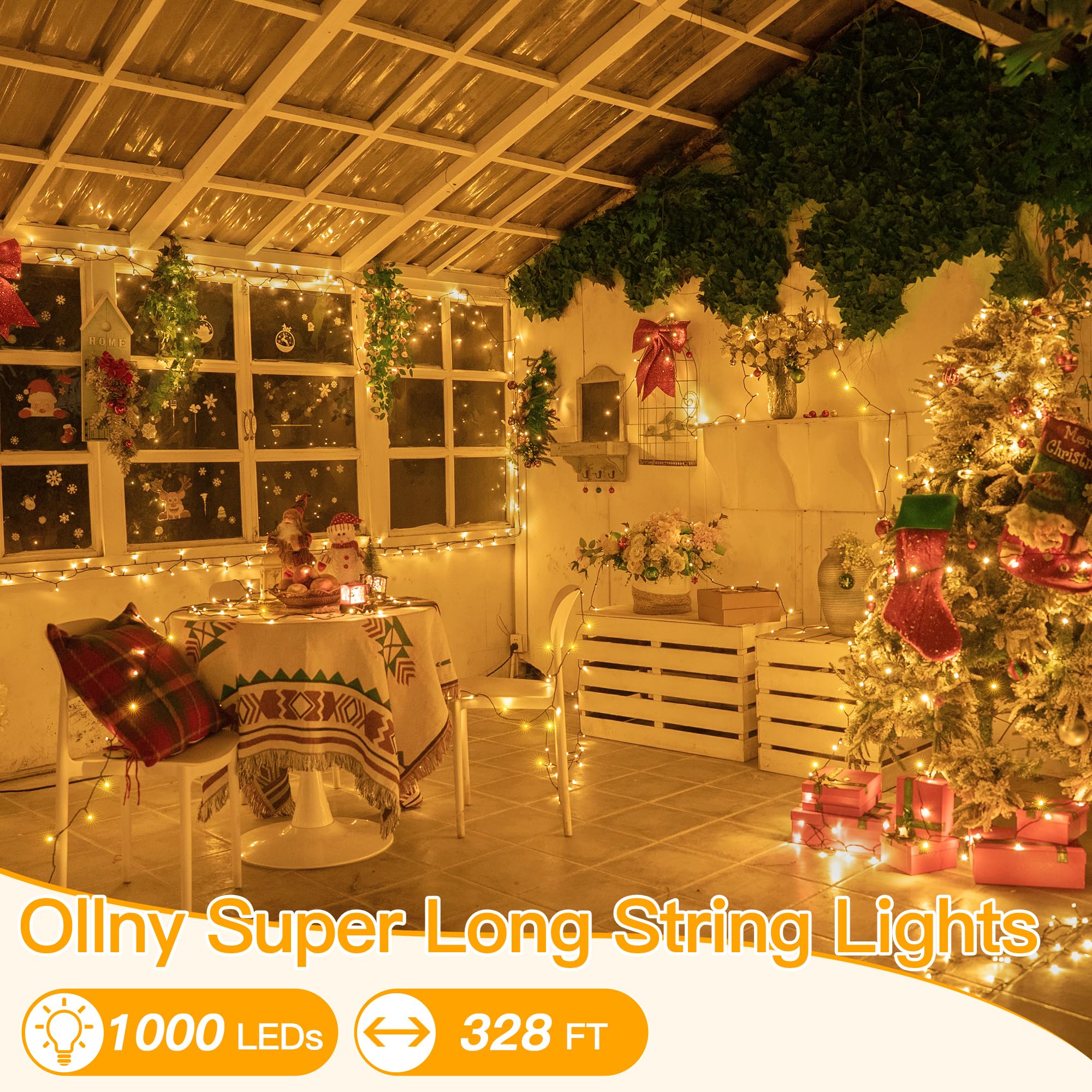 Ollny Guirlande lumineuse d'extérieur - 100 m - 1000 LED - Avec télécommande et minuterie - 8 modes - Étanche - Éclairage de Noël extérieur pour jardin, balcon, mariage (blanc chaud)
