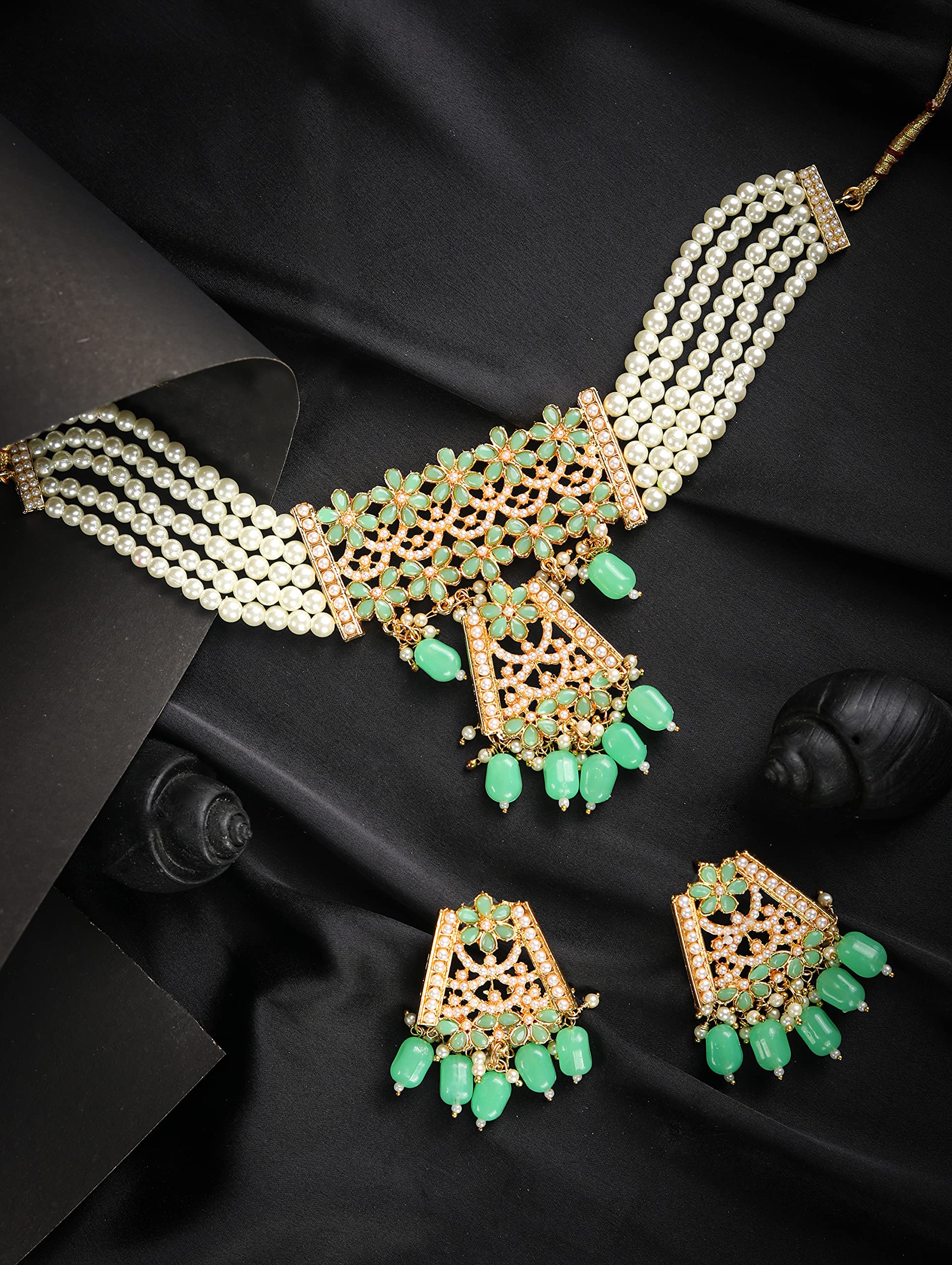 Mint Green Pearls Stones Studded Plated Choker Set