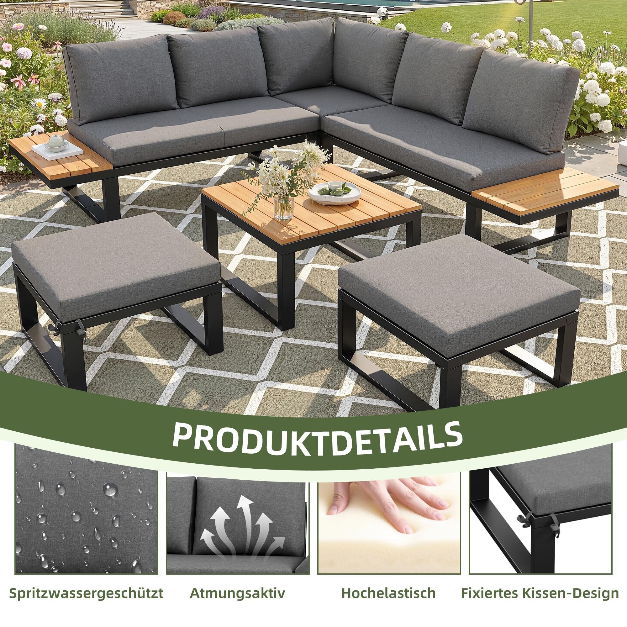 Kebnor Juego de salón de jardín de 6 piezas con respaldo ajustable, sofá esquinero con mesa de café y taburetes, estructura de acero resistente a la intemperie, cojines de asiento en gris/beige, para