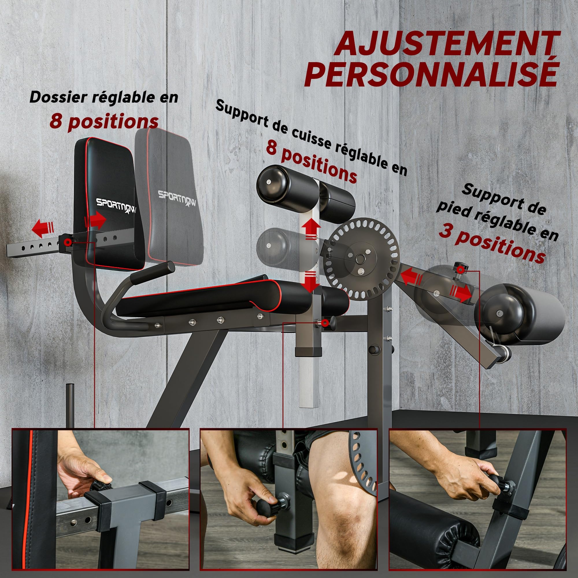 SPORTNOW Machine d'extension de jambe, étirement des jambes, capacité 120 kg, multifonction équipement banc de musculation pour gym, entraînement des hanches, cuisses et bas du corps acier noir