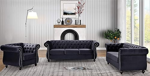 Miniatura 10 de Container Furniture Direct Feinstein - Moderno terciopelo tapizado para sala de estar con diamantes copetudos Chesterfield con clavos brillantes,