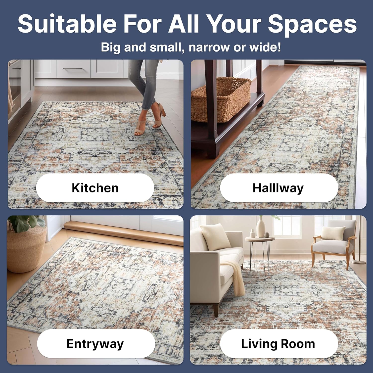 Well Woven Elle Basics Rendezvous Natural Red 2'3" x 7'3" - Non-Slip Rubber Backed Washable Modern Vintage Runner Rug for Hallways, Entryways & Kitchens - Easy to Clean & Durable