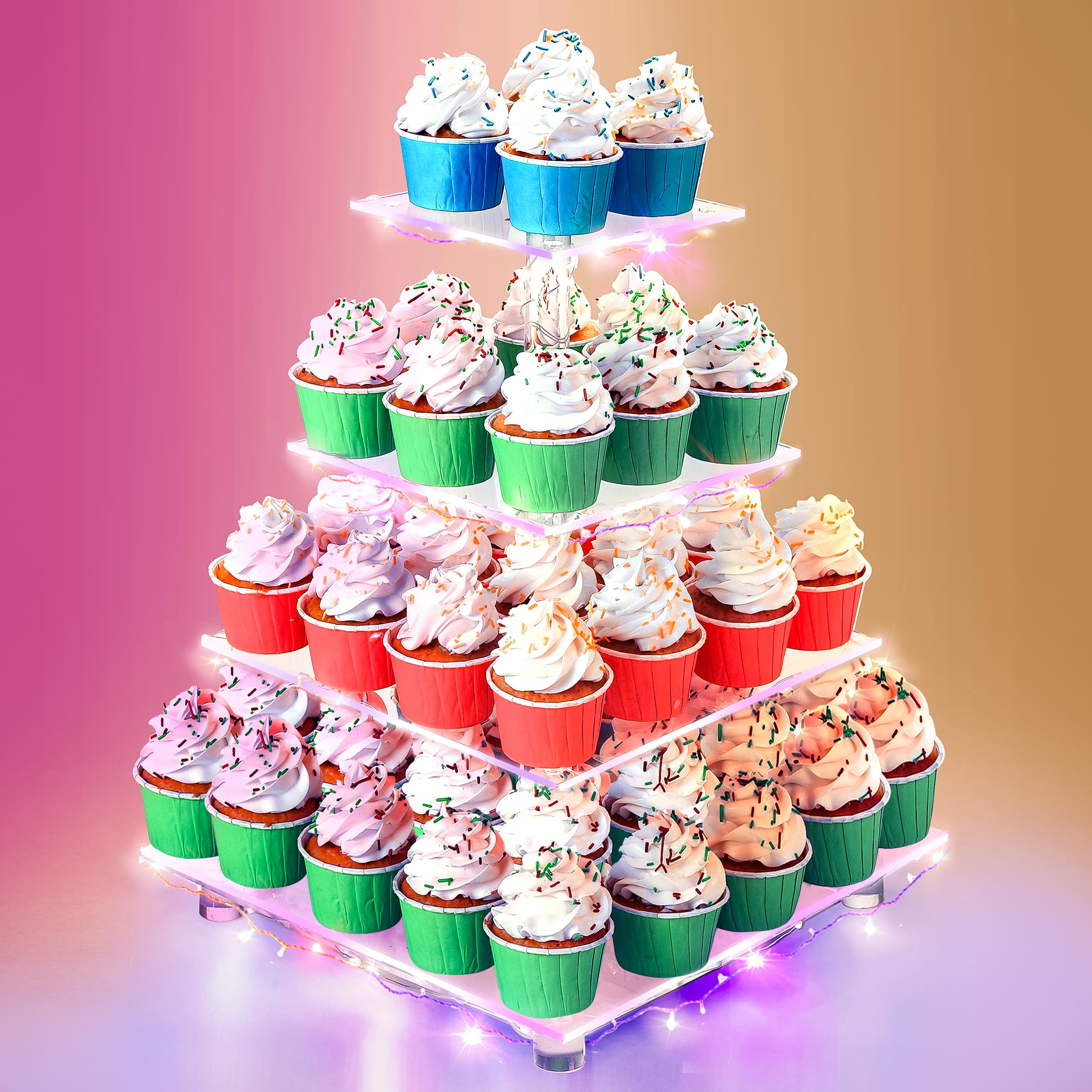 Utopia Home - Acrylic Cupcake Stand with LED Light Strings - 4 Tier Premium Cupcake Tower - Cup Cake Tier Stand for Dessert Table - Ideal for Weddings Birthday Parties - Pack of 1 - Multi-Color
