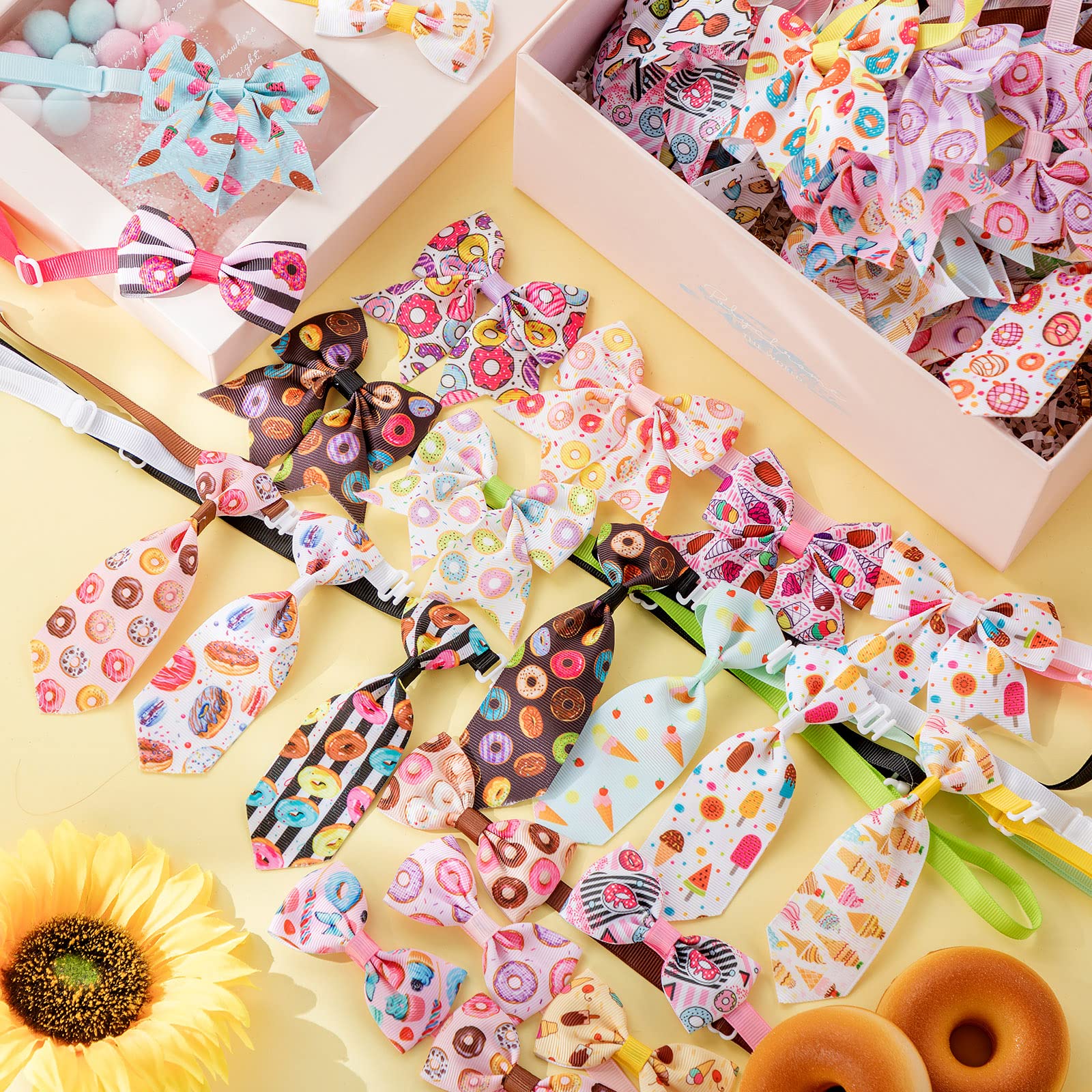 100 Stück Donut Eiscreme Hund Fliege Halsband Set beinhaltet 30 Hundehalsbänder, 30 Halsbänder Blumen und 40 Hundefliege, Fellpflege für kleine, mittelgroße Hunde
