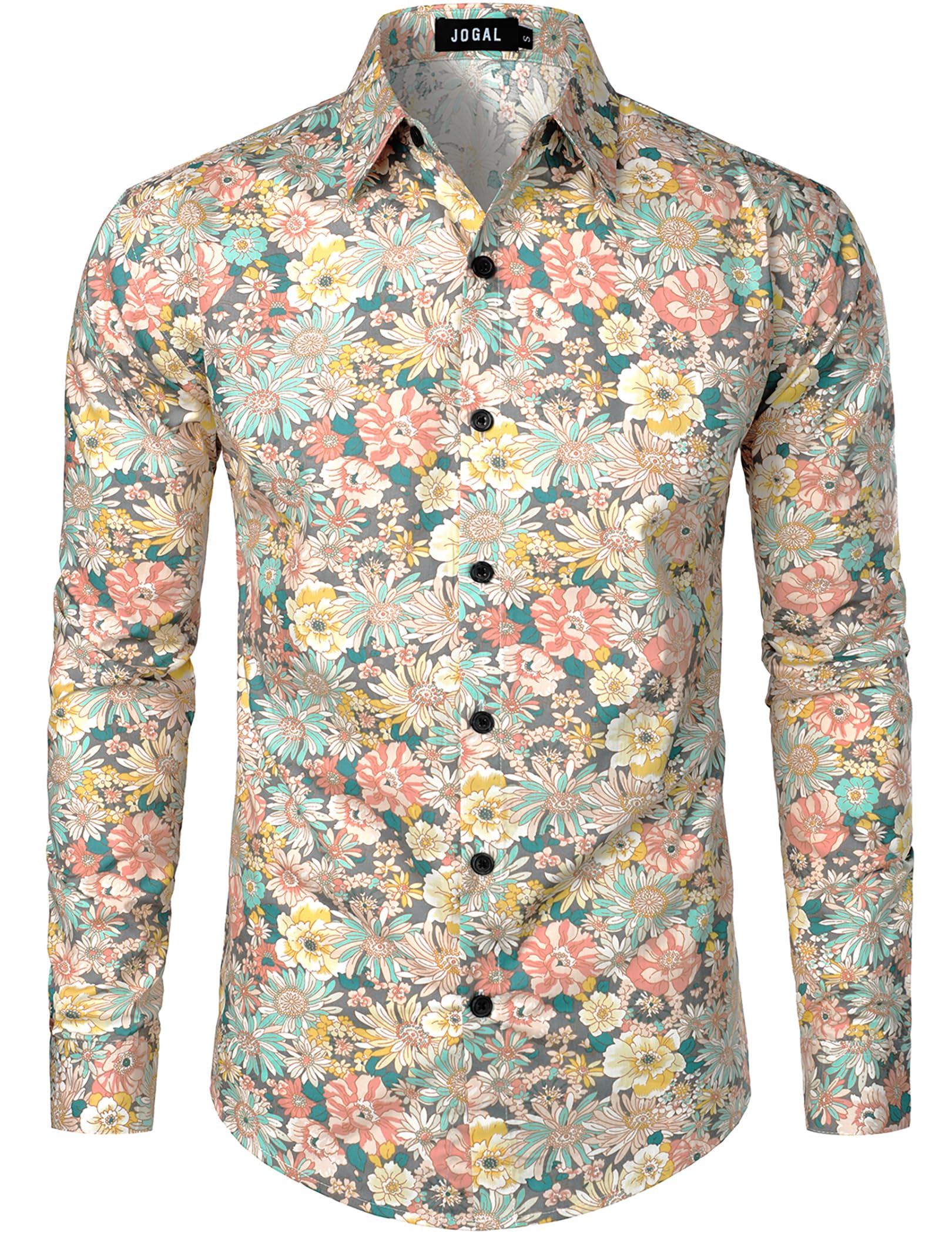JOGAL Mens 70s Floral Dress Shirt Long Sleeve Printed Casual Button Down Shirts