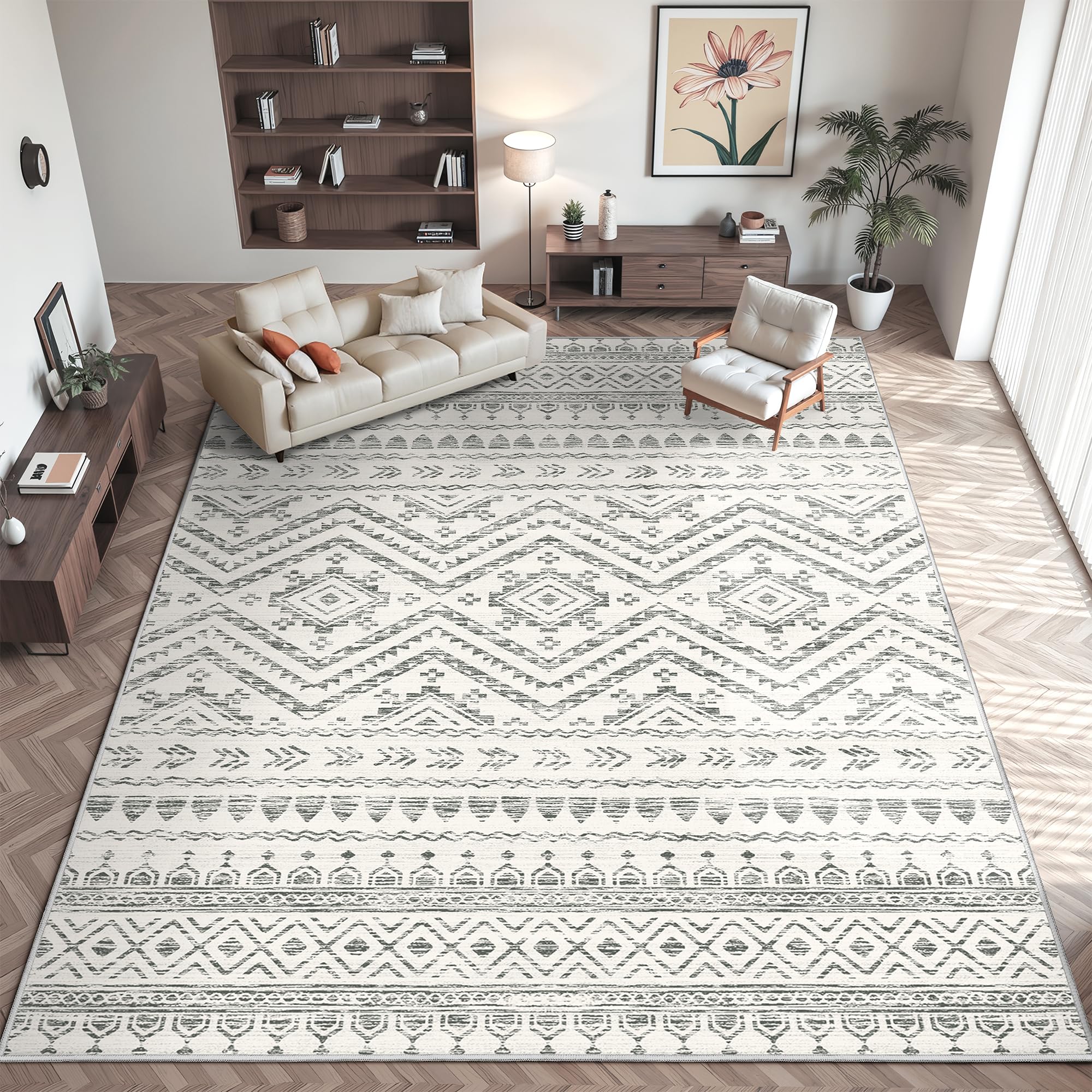 Miukiki 9x12 Area Rug for Living Room Moroccan Washable Rugs Non Slip Indoor Floor Carpet Foldable Large Soft Area Rug for Dining Room Bedroom with