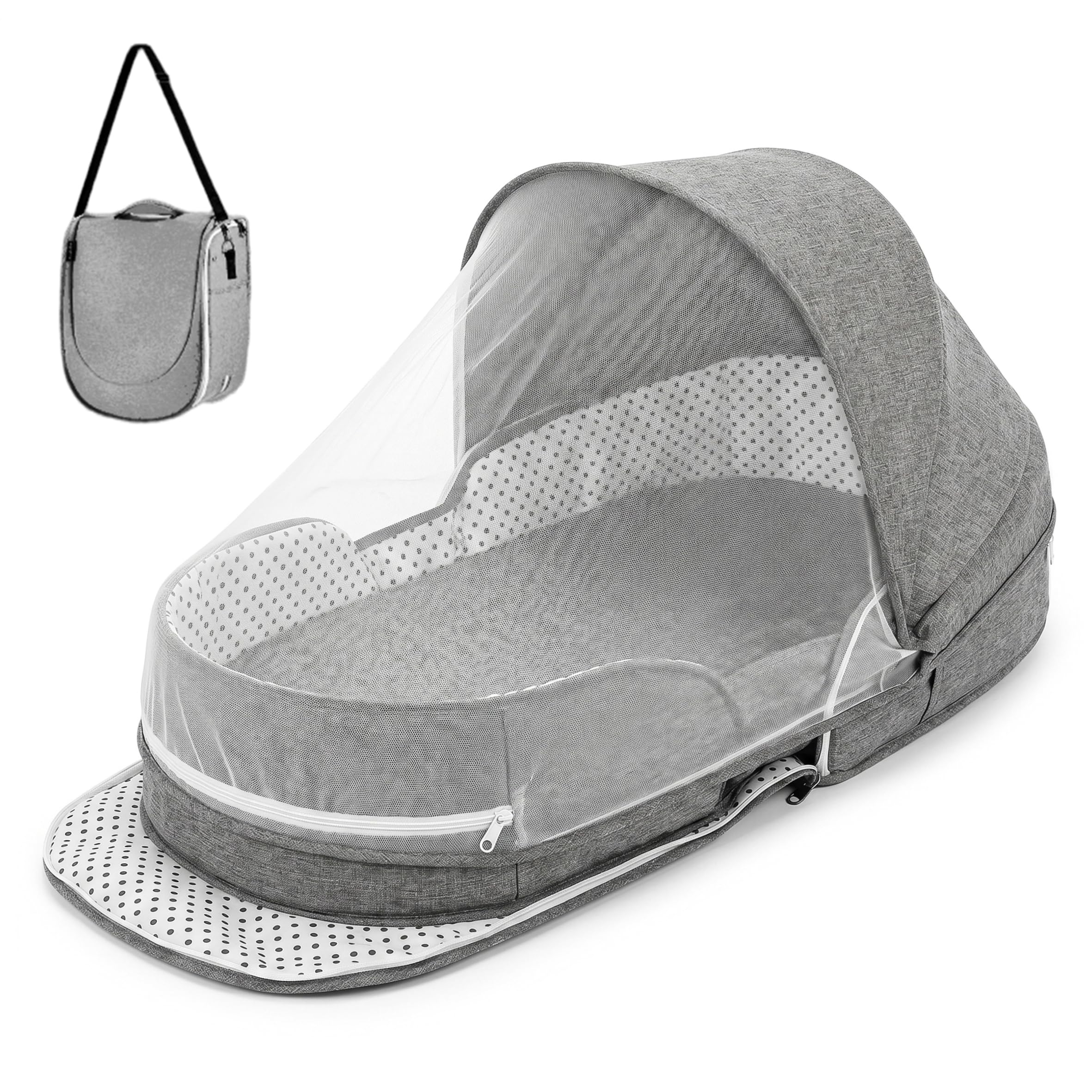 Moisés de viaje plegable portátil para bebé de 0 a 6 meses con dosel y red, moisés para recién nacidos esencial para viajes, cuna para avión, coche, camping, gris