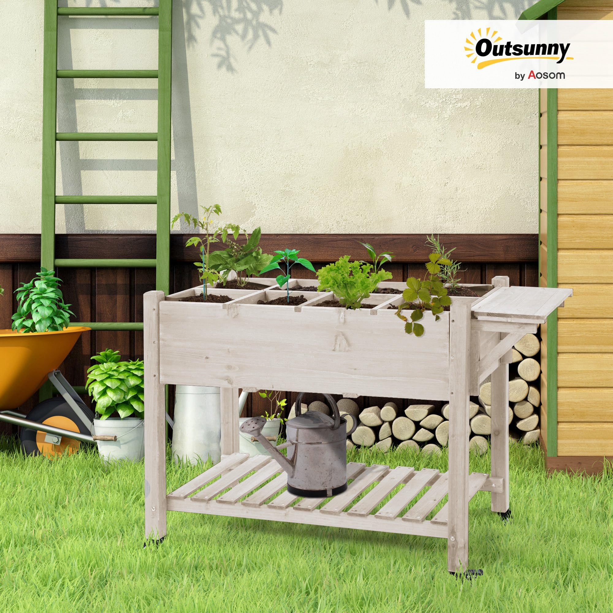 Outsunny Jardinière sur Pied - Potager sur roulettes - étagère, Tablette Rabattable, Inserts d'irrigation, Feutre de Drainage Inclus - Bois Sapin pré-huilé dim. 123L x 54l x 87H cm