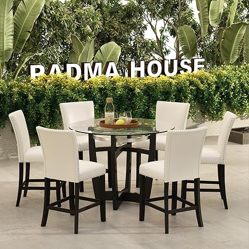 Miniatura 11 de PADMA HOUSE Juego de taburetes de mesa de barra de altura de vidrio para 4, 42 pulgadas de altura de mostrador de vidrio templado redondo, taburetes