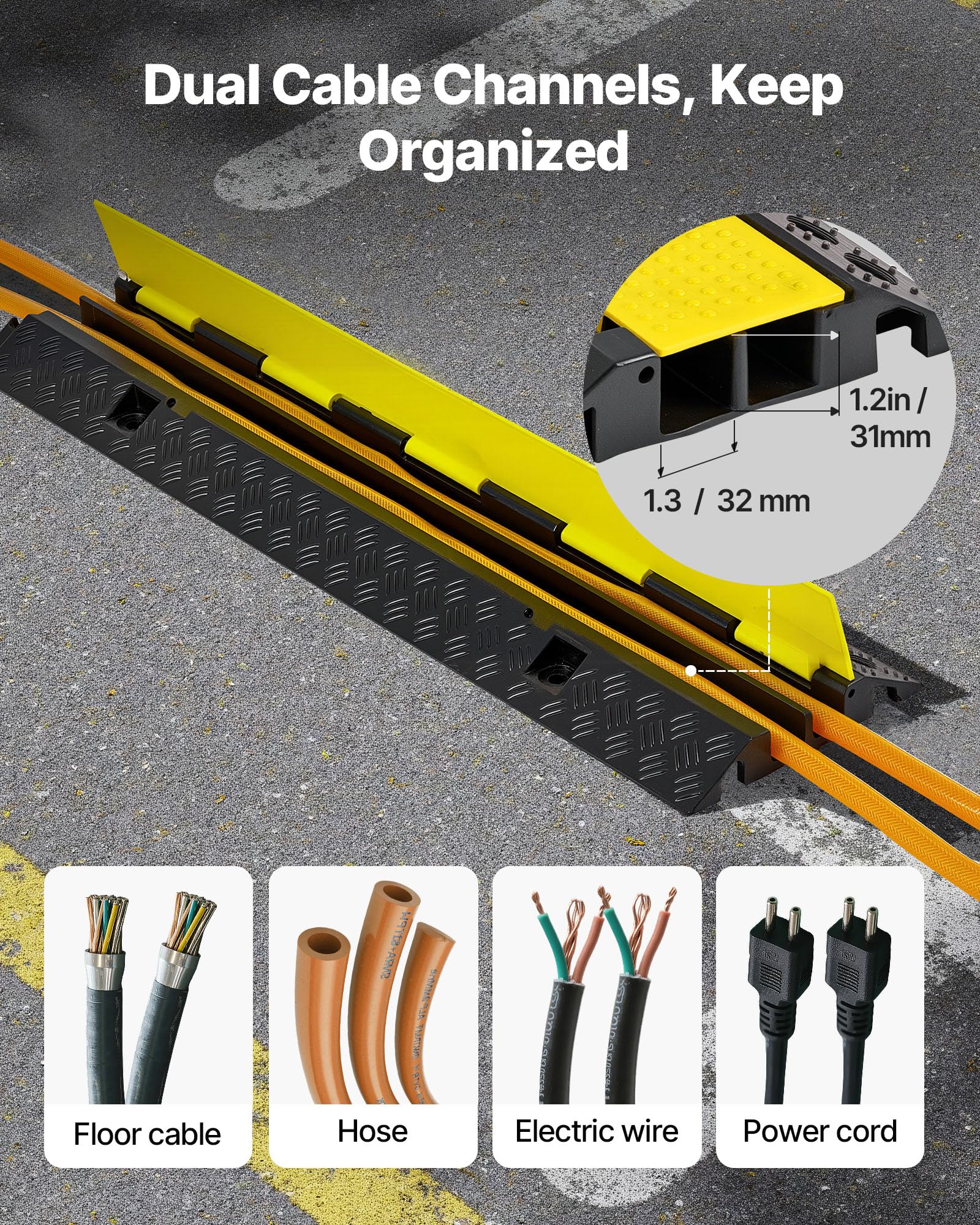 VEVOR Protector de Cables para Suelo de 2 Canales de 32 x 31 mm, Rampa de Protección de Cable Carga de Capacidad de 9979 kg, Rampa de Caucho para Interiores, Exteriores, Hogar, Oficina, Almacén