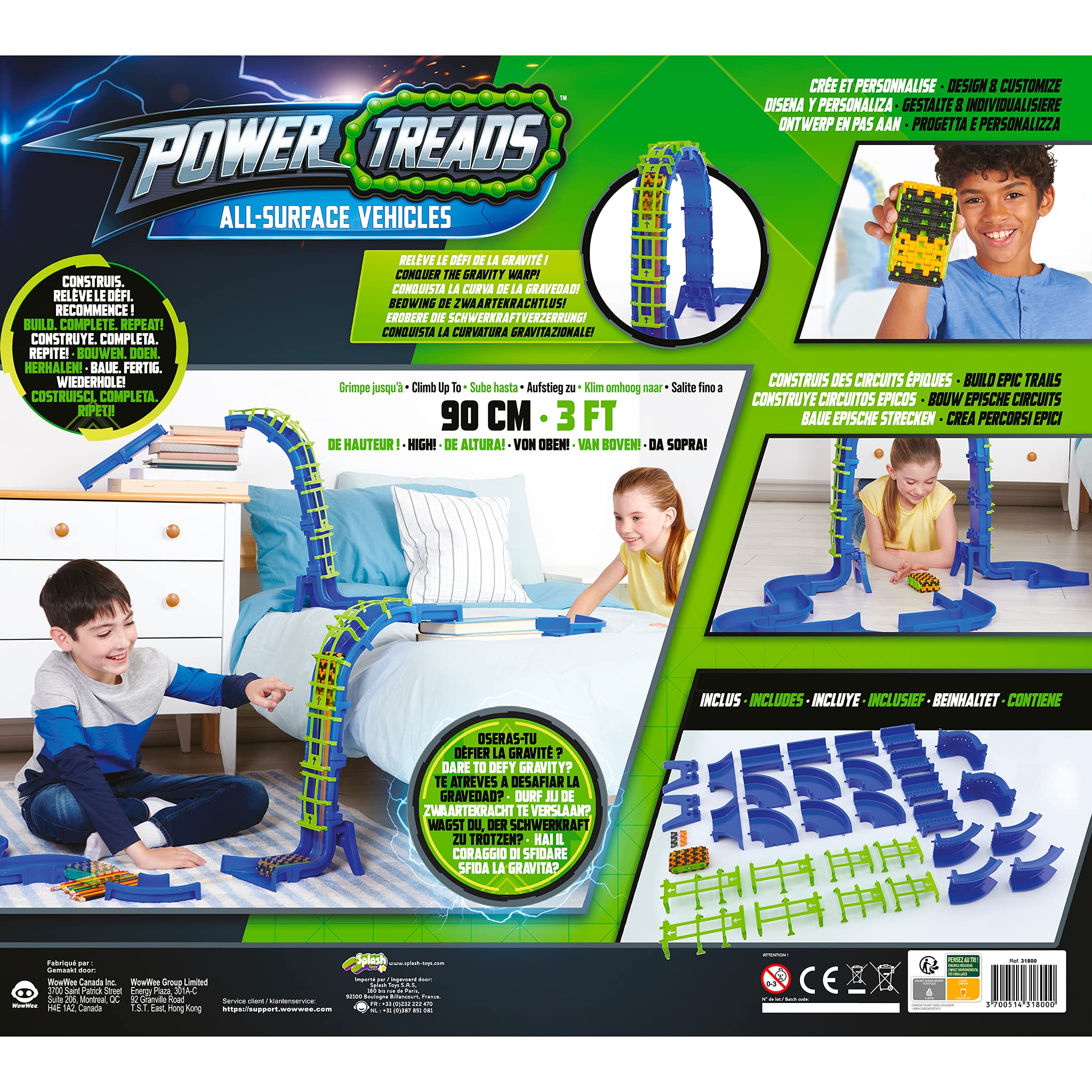 Splash Toys - Power Treads - Circuit Voiture A Construire - Plus de 1000 configurations possibles - 1 Véhicule Tout-Terrain Inclus - Circuit Défi de la gravité - Piles incluses - A partir de 5 Ans