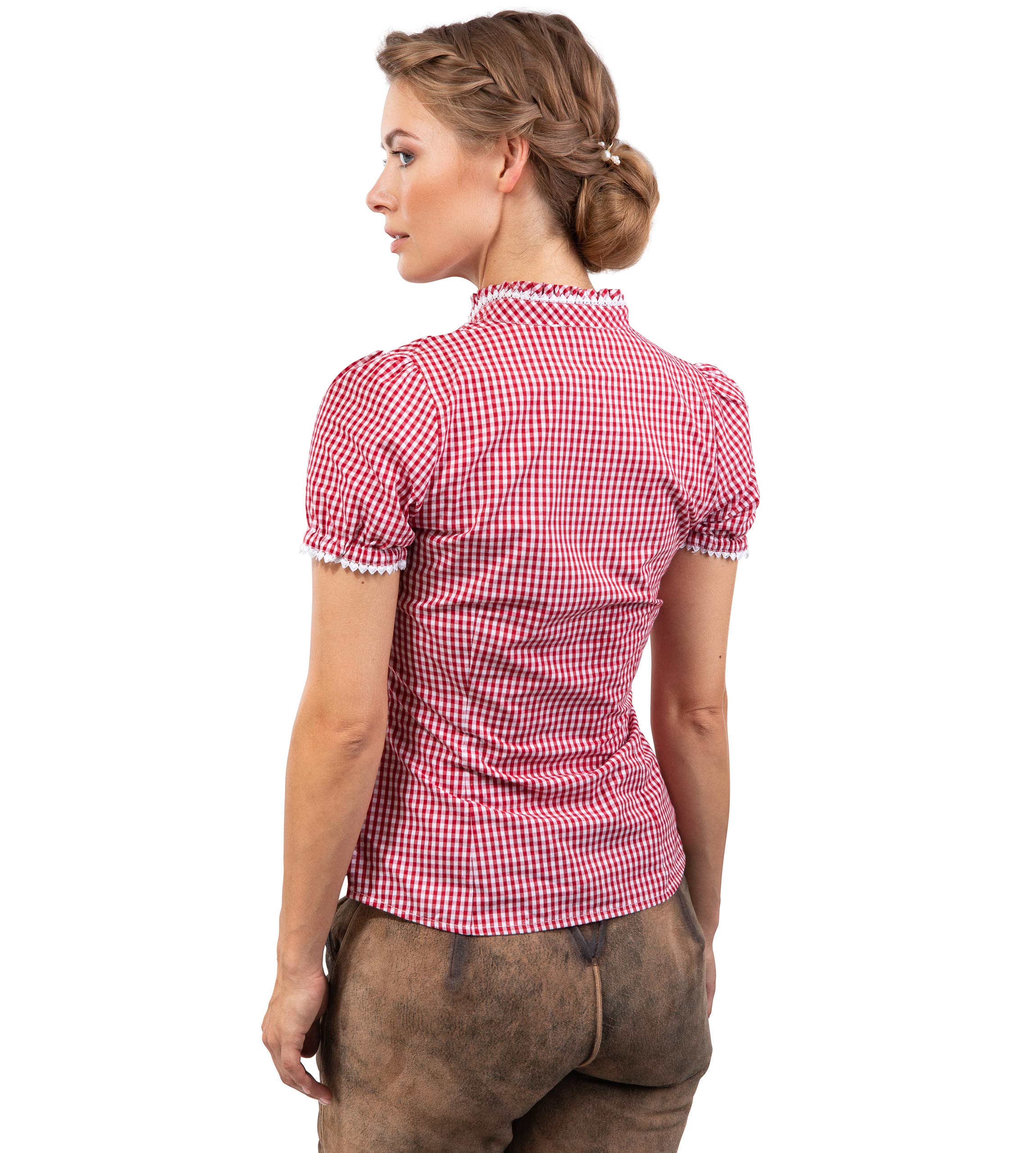 Trachtenbluse Jasmin rot/Weiss kariert - traditionelle, taillierte Trachten Bluse mit Stehkragen & Herzknöpfen