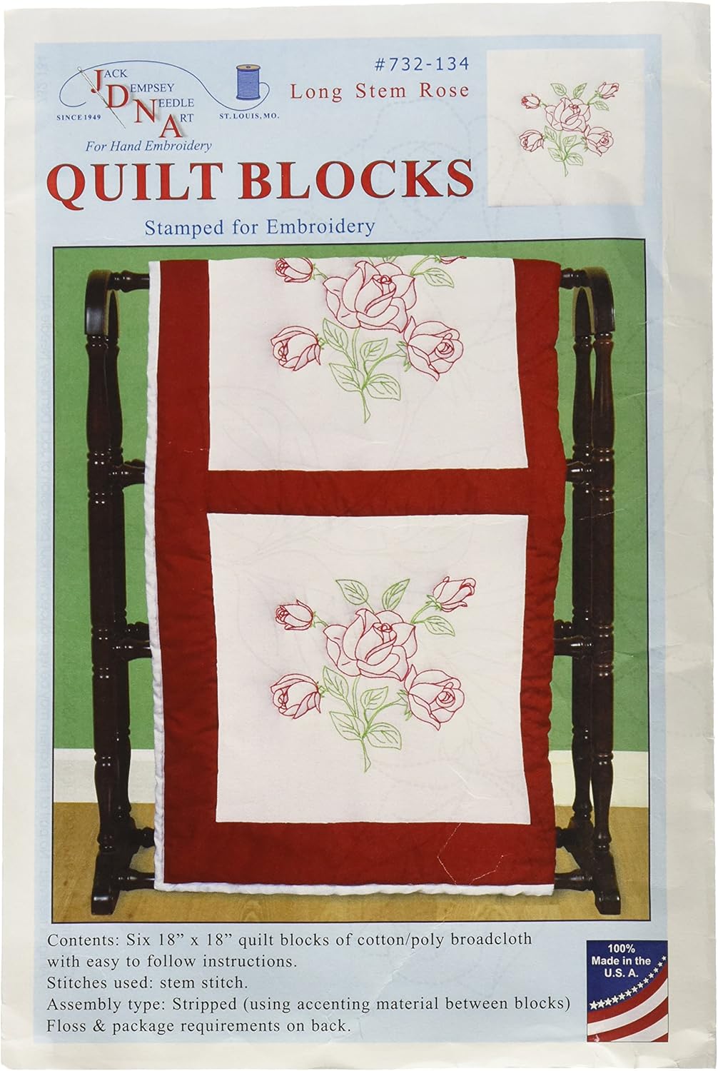 Stamped White Quilt Blocks 18"X18" 6/Pkg-Long Stem Rose