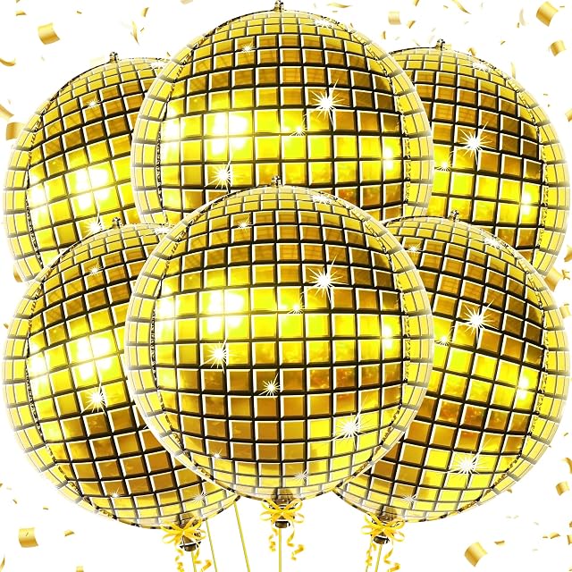 KatchOn, Big Gold Disco Ball Balloons - 22 Inch, Pack of 6, Disco Party Decorations | 4D Gold Disco Balloons for 80s Party Decorations | Disco Theme Party Decorations | Mamma Mia Party Decorations
