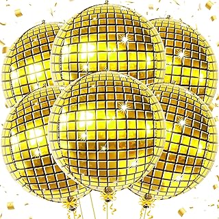 Big, Gold Disco Ball Balloons - 22 Inch, Pack of 6, Disco Party Decorations | 360 Degree 4D Gold Disco Balloons for 70s Party Decorations | Disco Theme Party Decorations | Mamma Mia Party Decorations