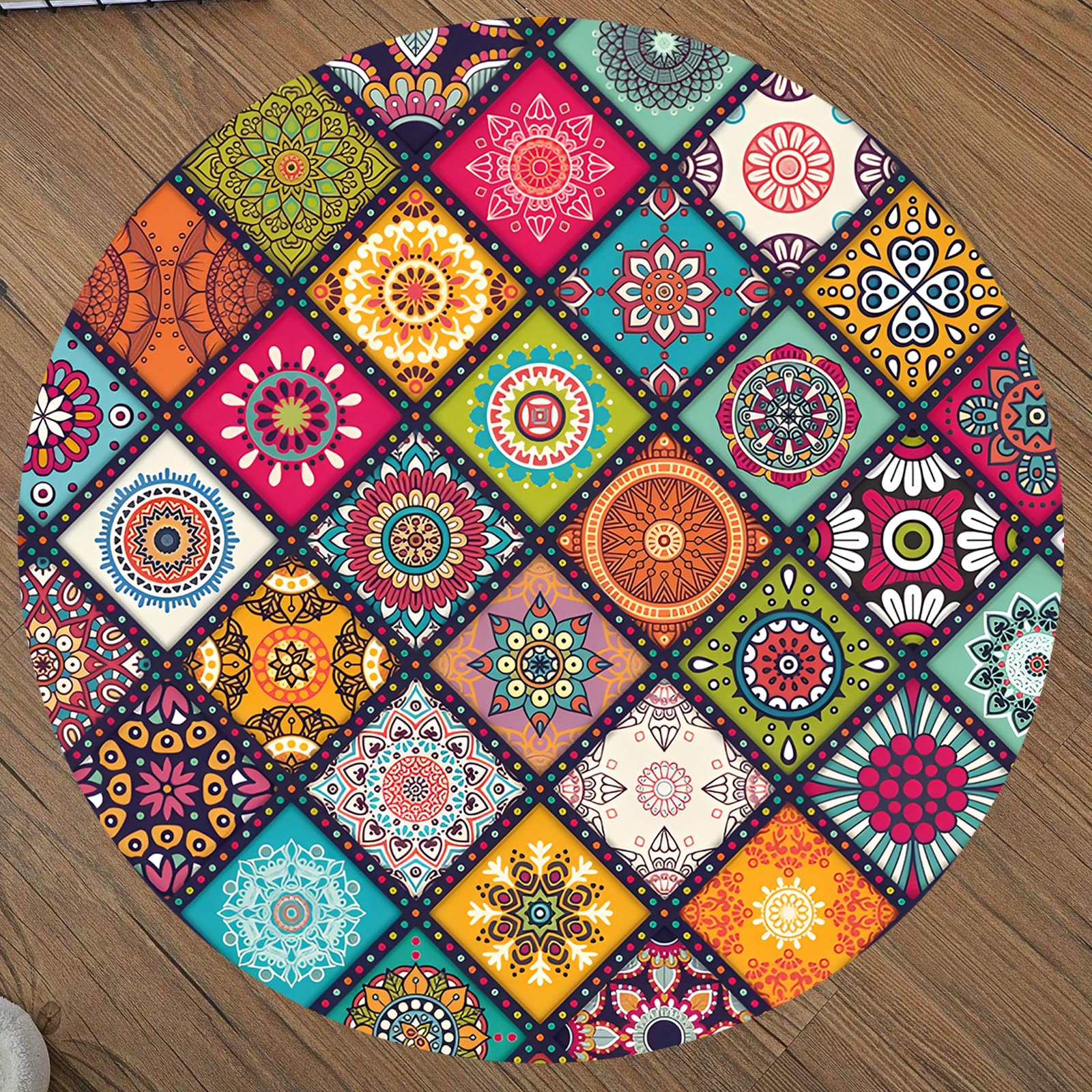 Tapis rond à poils doux multicolore à carreaux et fleurs diamètre 180 cm