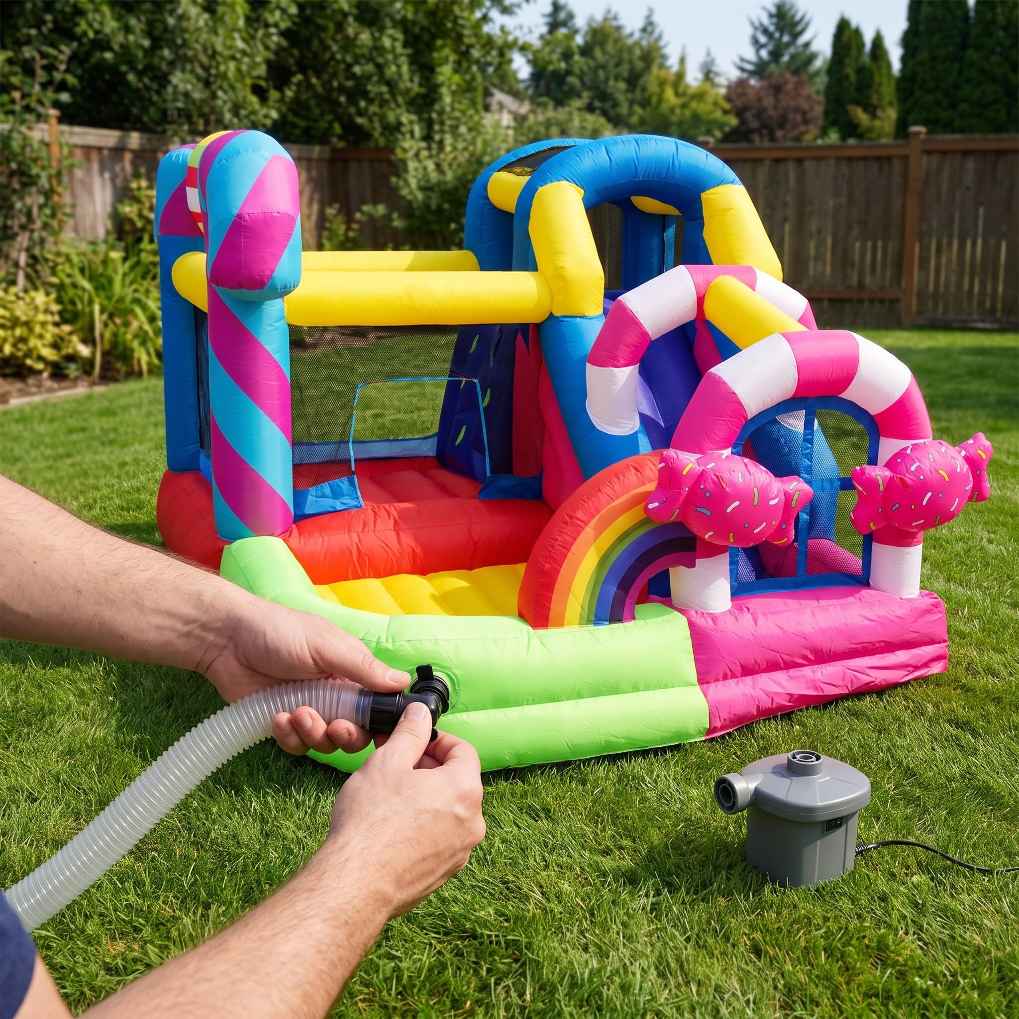 Castello Gonfiabile per Bambini con Scivolo, Gonfiabile per Bambini da Esterno, a Tema Caramelle