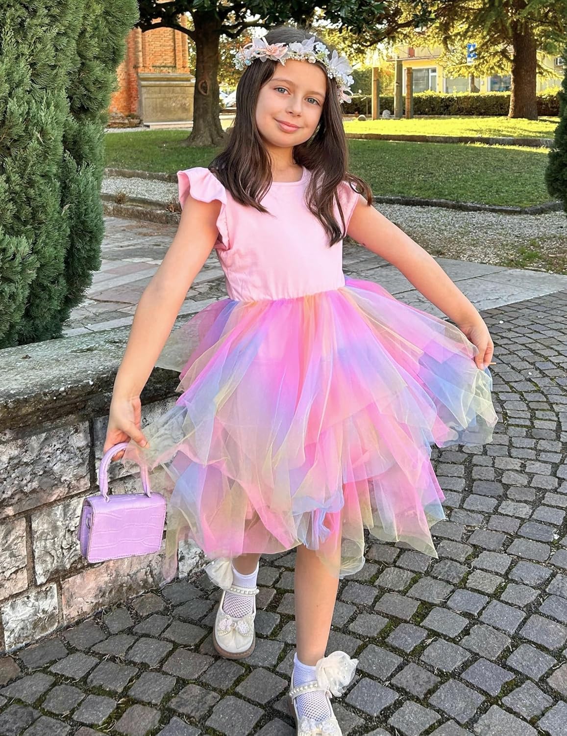 Arshiner Toddler Tutu Dress Little Girls Irregular Tulle Princess Birthday Party Formal Dresses 7-8 Years Rainbow Pink image 6 of 8 B0DNZS27SL