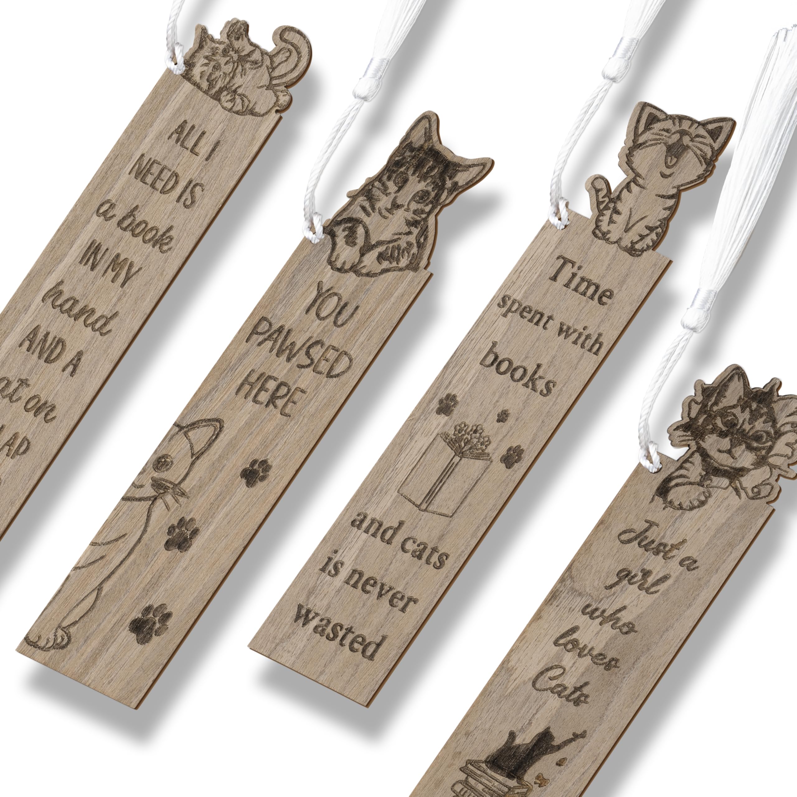 TICIAGA Wooden Cat Animal Bookmarks - 4PCS Walnut Catling Pet Bookmarks Bulk with Tassel for Book Lovers, Kawaii Cat Wooden Carving Book Mark Gift for