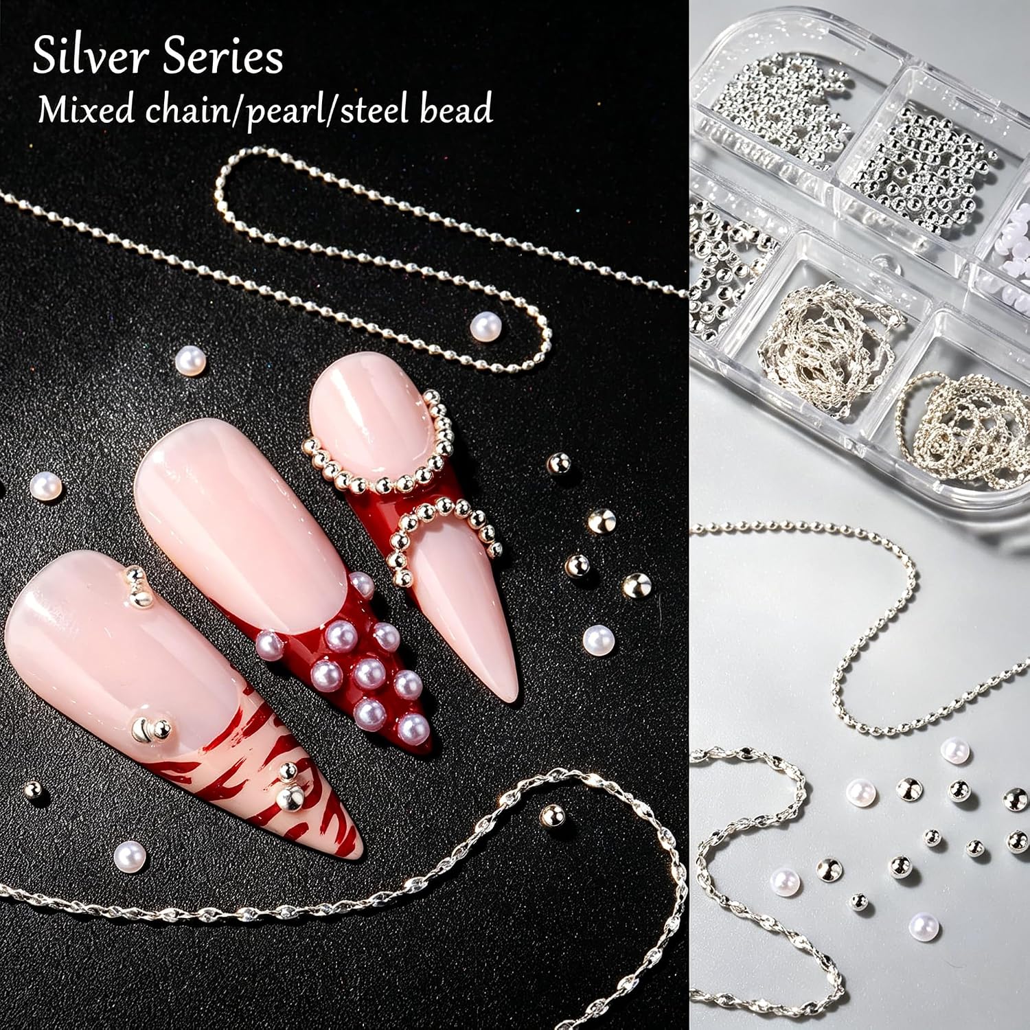 2 Box Metal Nail Chain Nail Charms,Gold Silver 3D Y2K Nail Rhinestones Studs Steel Beads White Pearls Gothic Punk Style French Nail Gems Acrylic Nail Decorations for DIY Manicure Supplies