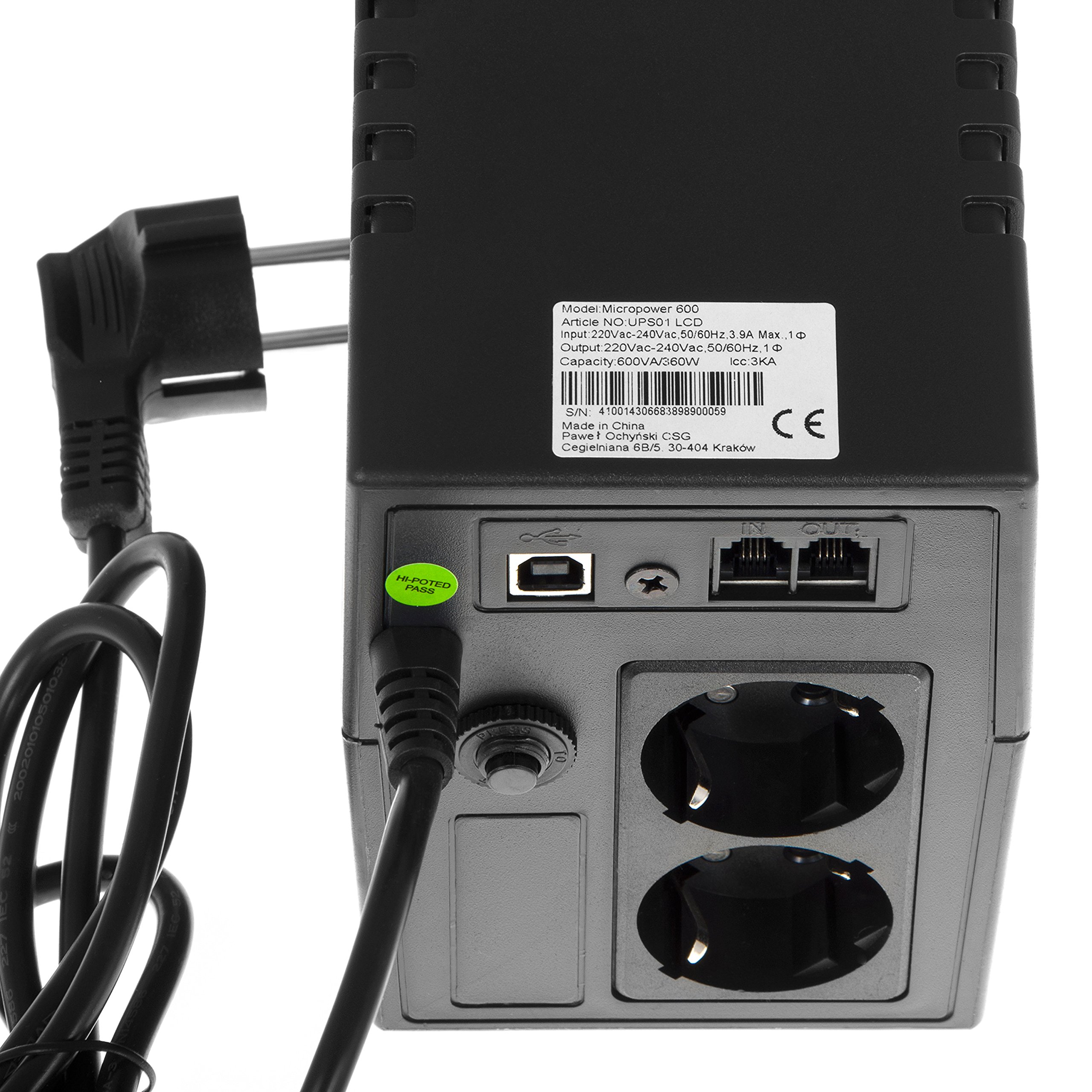 Green Cell® SAI Sistema de alimentación ininterrumpida UPS Potencia 600VA (360W) 230V Fuente de alimentación Continua Line Interactive senoidal AVR USB/RJ11 2X Schuko Tomas con Pantalla LCD