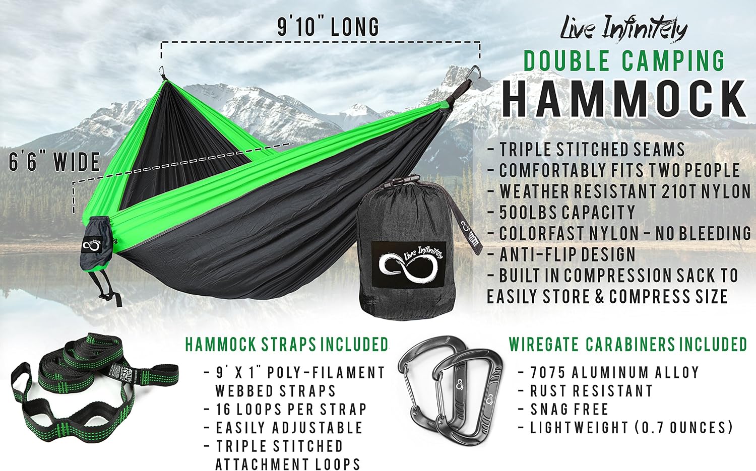 Double Outdoor Camping Hammock Set- Lightweight, Compact & Portable Two Person Parachute Nylon Hammock Set- 2-16 Loop Tree Straps - Holds 500LBS-Ideal for Travel, Hiking & Beach