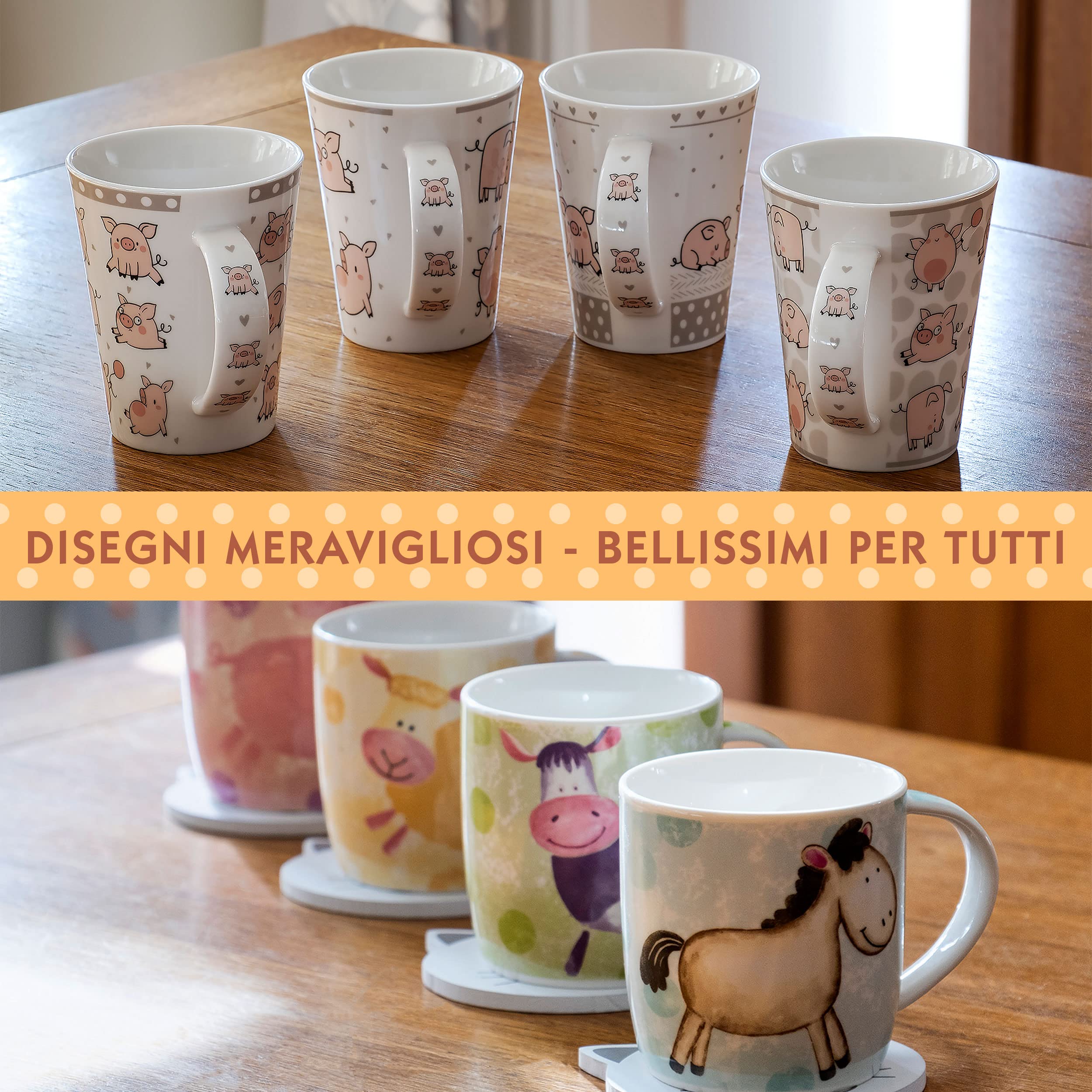SPOTTED DOG GIFT COMPANY Set di 4 Tazze da Caffè in Ceramica 360 ml per Caffè e Tè, Tazze con Animali a Tema Maialino, Design Divertente e Carino, Regalo con Maialino