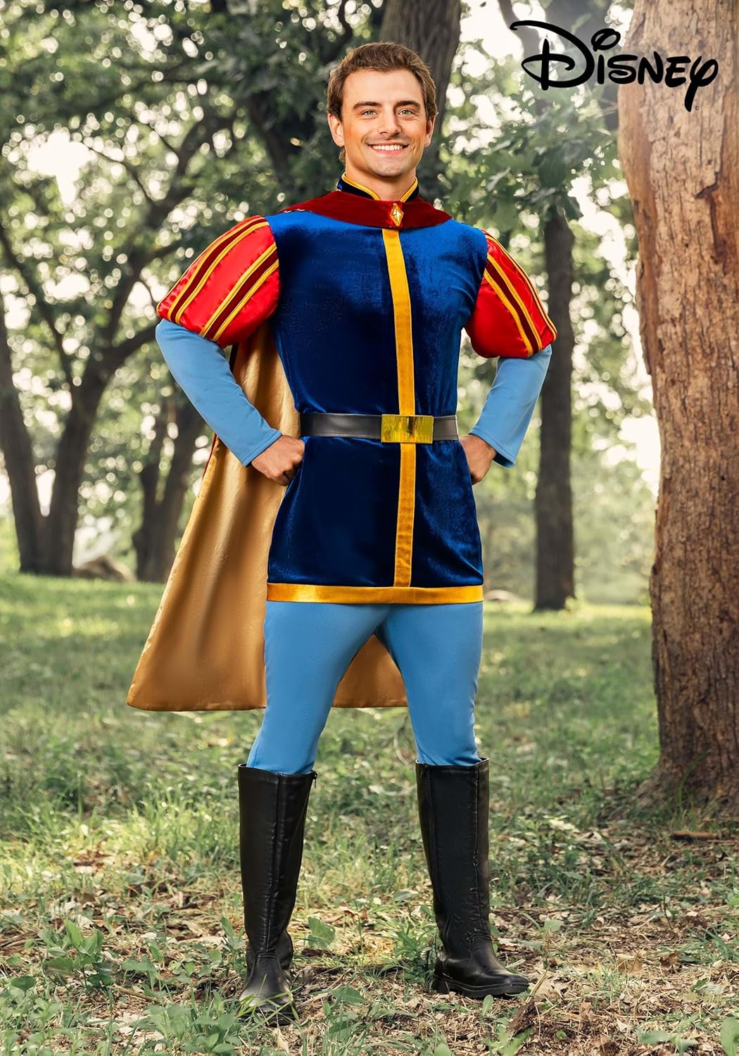 Mens Sleeping Beauty Prince Phillip Halloween Costume | Adult Prince Charming Outfit with Tunic, Pants, Cape, & Belt - Image 2