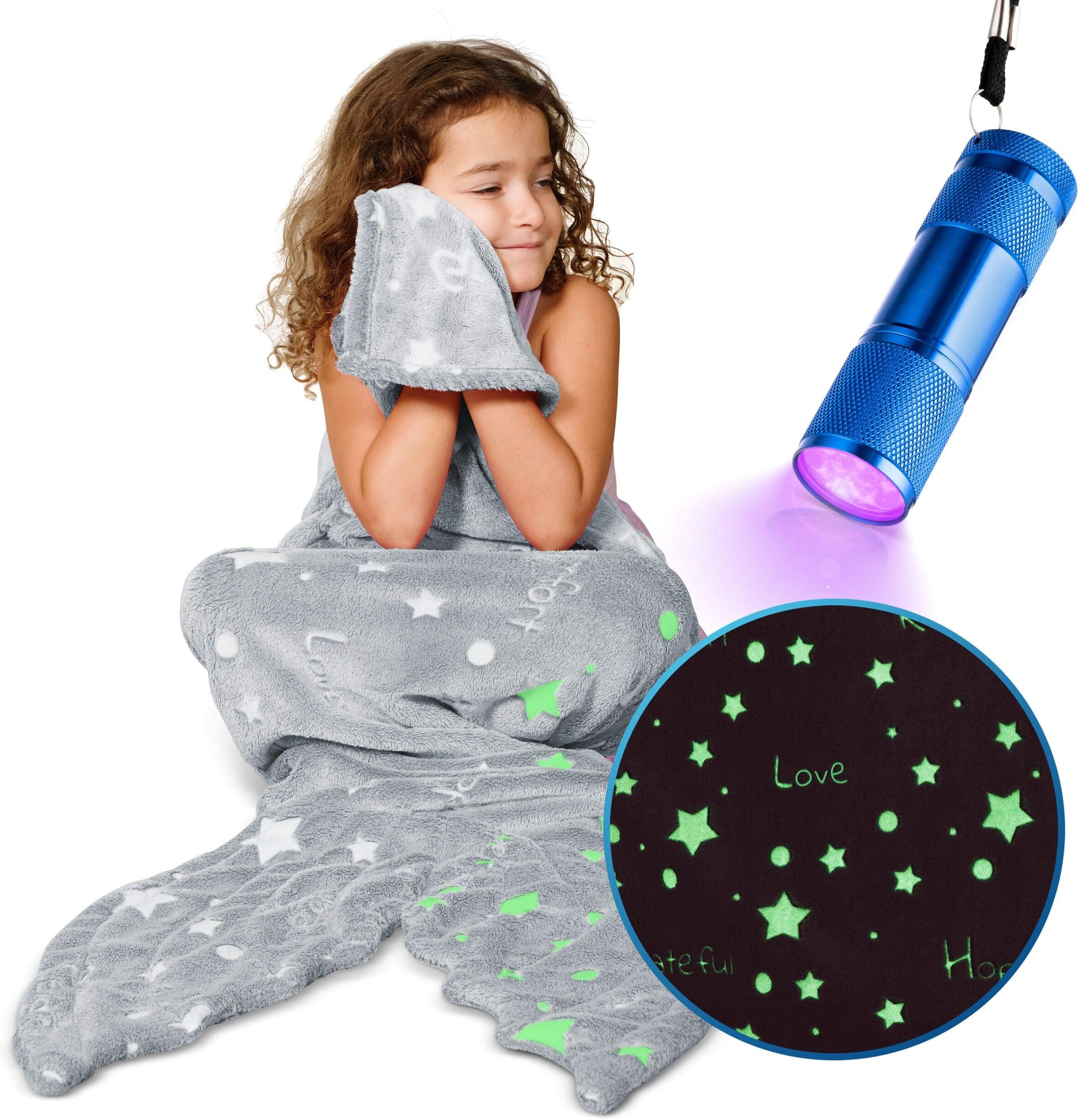 Mermaid Tail Blanket ,Glow in The Dark Throw Blanket ,Snuggle Fishtail,with Stars and Positive Words, Plush Fluffy Cozy Soft Fleece ,Kids Gift ,Gray Pink, Including UV Flashlight