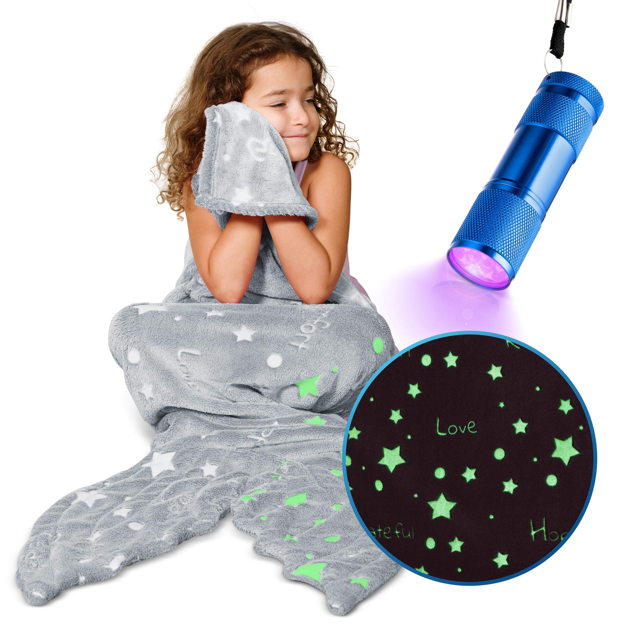 Mermaid Tail Blanket ,Glow in The Dark Throw Blanket ,Snuggle Fishtail,with Stars and Positive Words, Plush Fluffy Cozy Soft Fleece ,Kids Gift ,Gray Pink, Including UV Flashlight