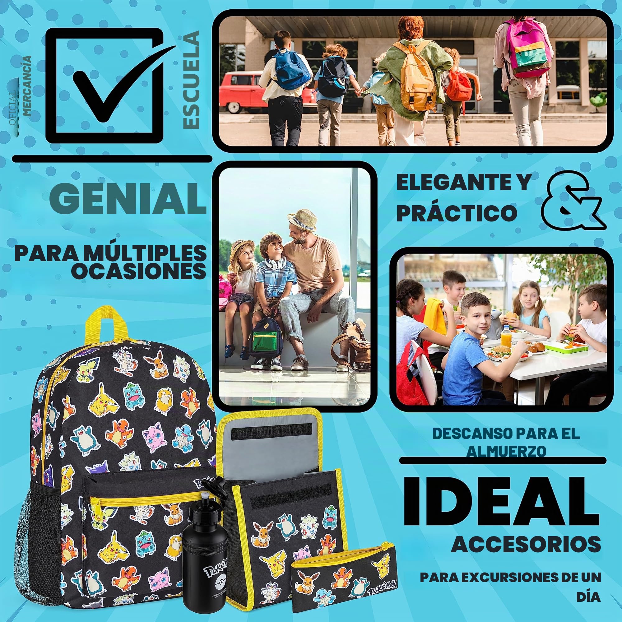 Pokémon Mochila Escolar Set Mochilas Escolares 4 Piezas con Botella de Agua Bolsa Almuerzo Estuche Infantil o Cartera Anime Material Escolar (Negro/Multi Set 4 Pzs)