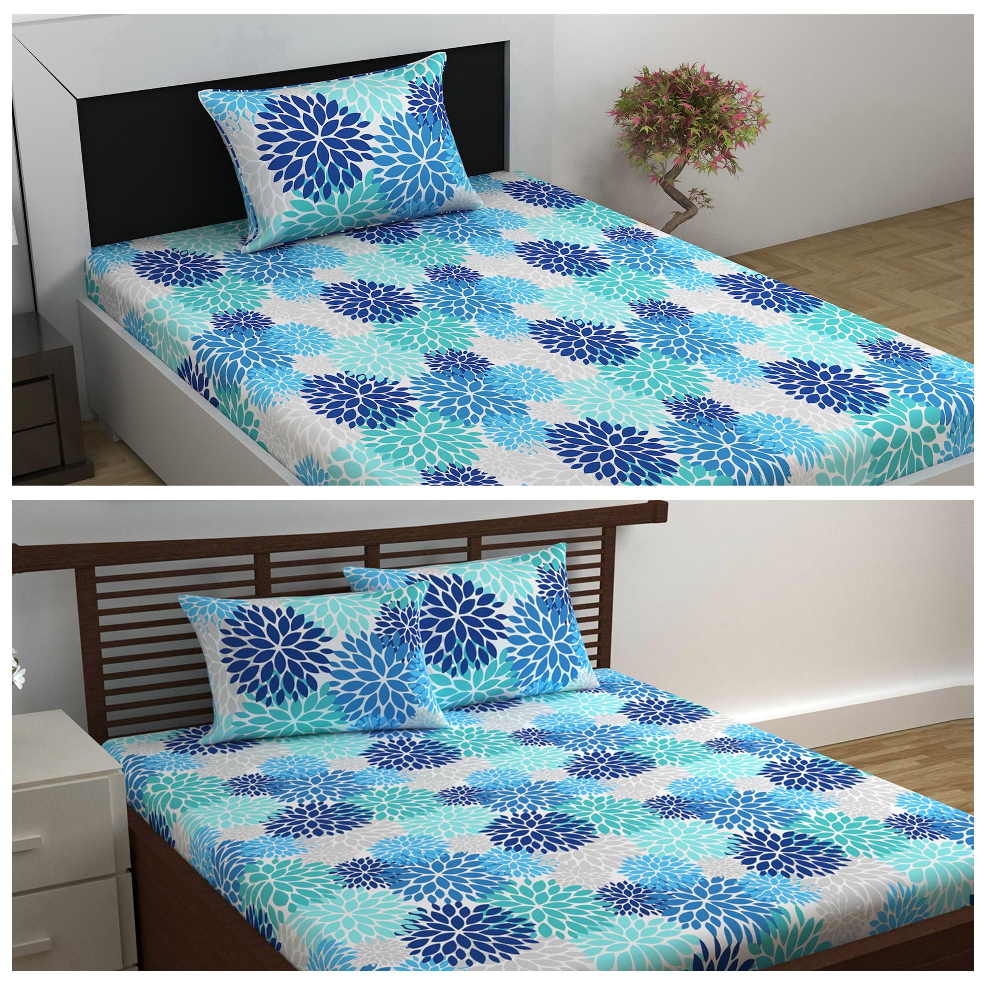 Divine Casa 144 TC 100% Cotton Set of 2 Combo Bedsheet of Single and Double Bed | Blue | Floral Print (B0D3PJCC9Q) Amazon Price History, Amazon Price Tracker