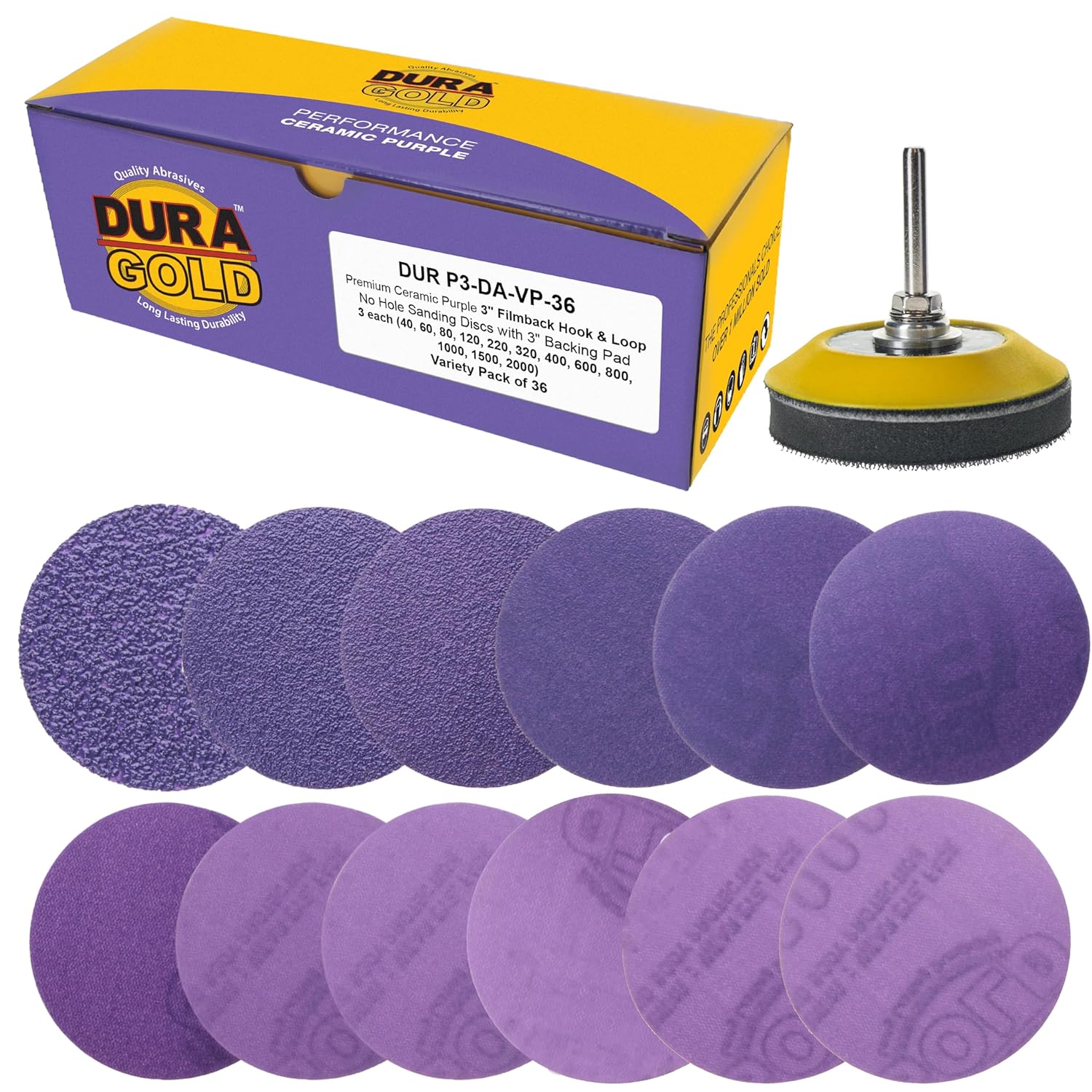 Dura-Gold Premium 3" Purple Film Ceramic Sanding Discs, 36 Disc Variety Pack, Grits 40, 60, 80, 120, 220, 320, 400, 600, 800, 1000, 1500, 2000 - Hook & Loop Sandpaper & Drill Backing Plate - Auto Wood