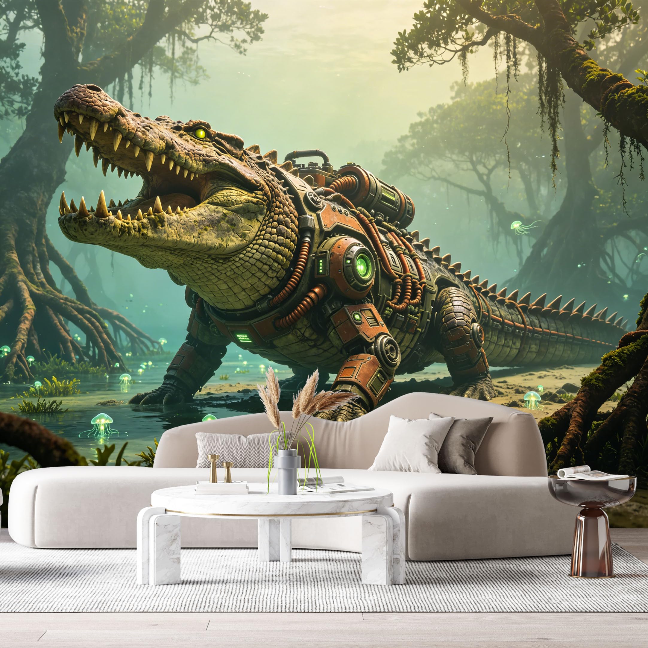 Custom Size Wall Mural Mechanical Crocodile SciFi Swamp Cyber Reptile Future Armor 3D Trompe L'Oeil Textured Style SelfAdhesive Art Prints Removable Large Wallpaper Esports Game Room Studio
