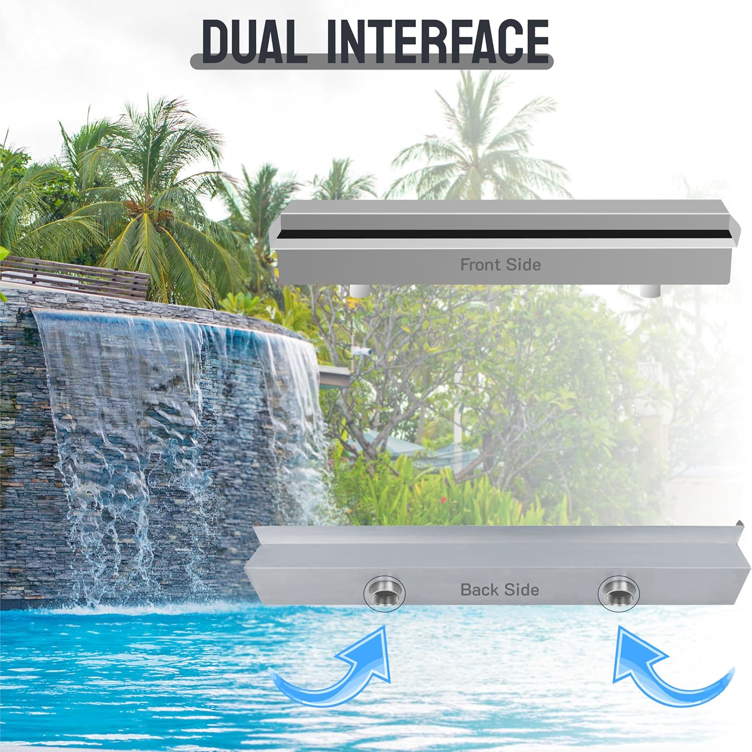 SIMOND STORE - Spillway Waterfall Fountain 47.2" x 4.5" x 3.1", Stainless Steel Pool Waterfall to Decorate Pool, Pond, Outdoor Garden Fountain and Patio