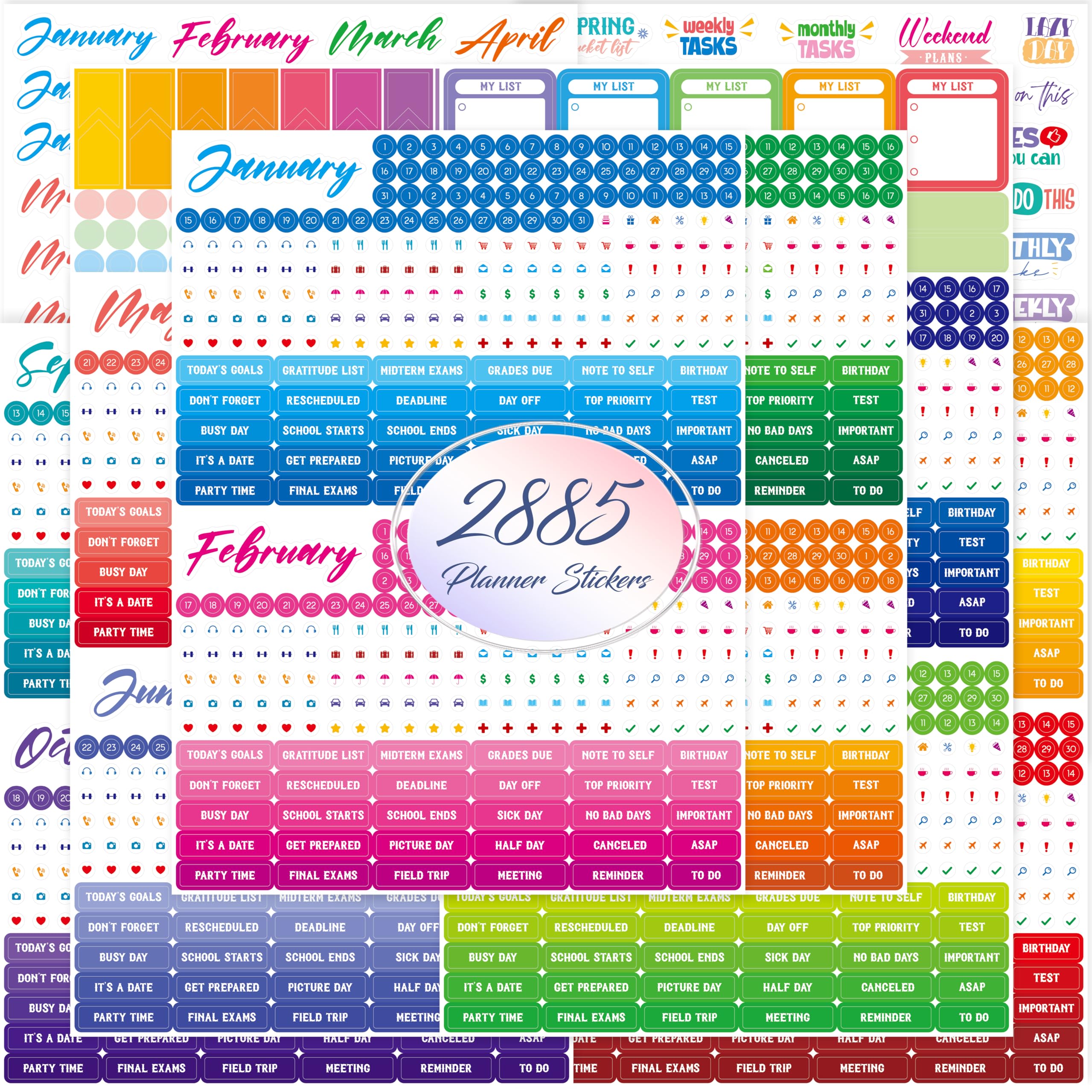 2885 Planner Stickers, Color Coordinating Monthly Functional Stickers Daily Calendar Stickers Aesthetic Note to Do Blank Stickers for Scrapbooks, Planner, Budget, Work, DIY Activity, Diary, Journal