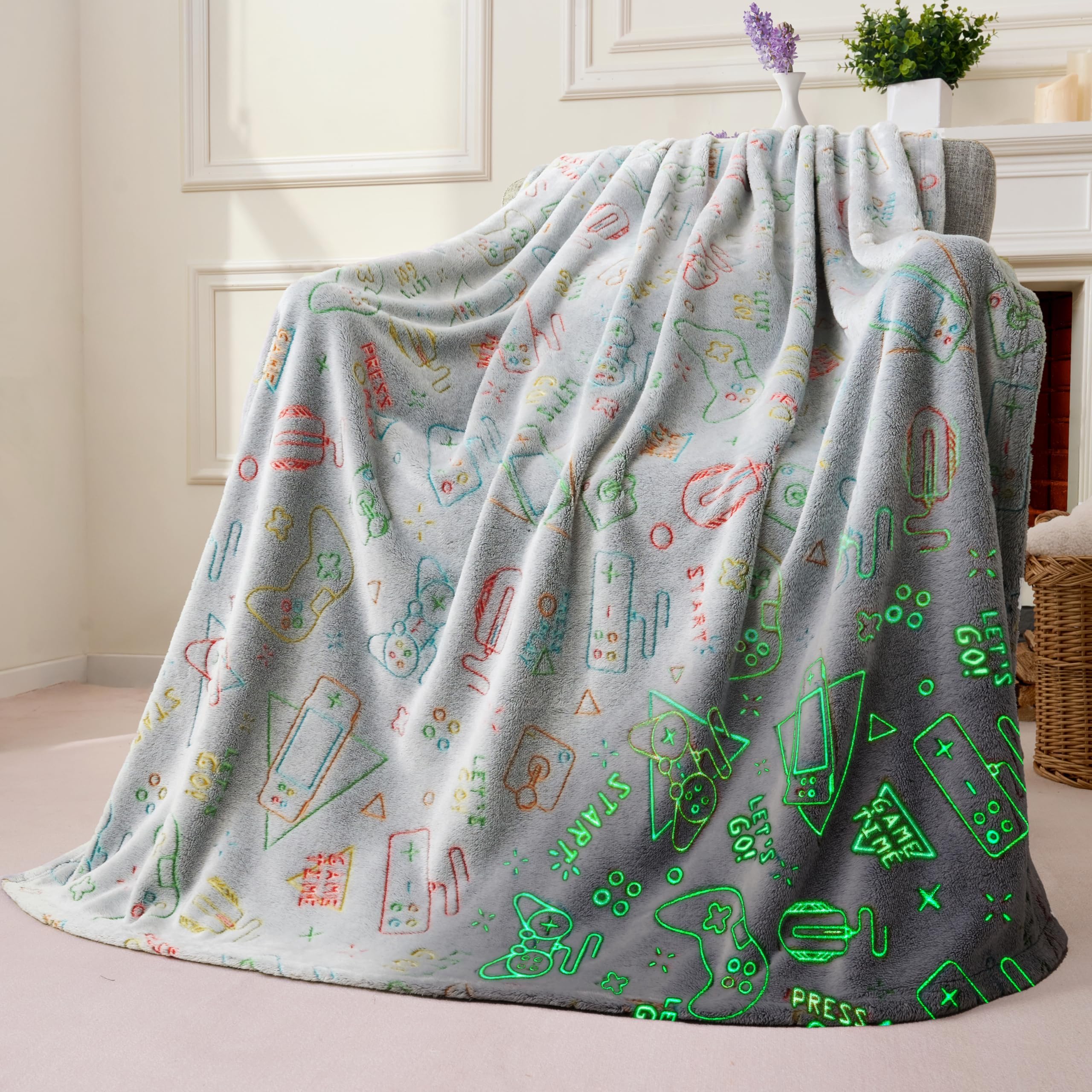 Joiedomi Glow in The Dark Gaming Blanket Gamer Gifts for Boys Age 2 3 4 5 6 7 8 9 10 11 12 Year Old, Soft Cozy Flannel Kids Throw Blanket, Birthday Bedroom Decor Grey 50"×60"