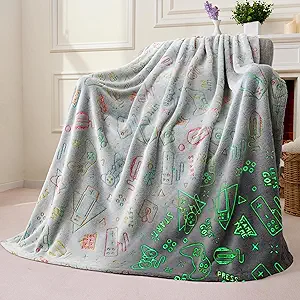 Joiedomi Glow in The Dark Gaming Blanket Gamer Gifts for Boys Age 2 3 4 5 6 7 8 9 10 11 12 Year Old, Soft Cozy Flannel Kids Throw Blanket, Birthday Bedroom Decor Grey 50"×60"