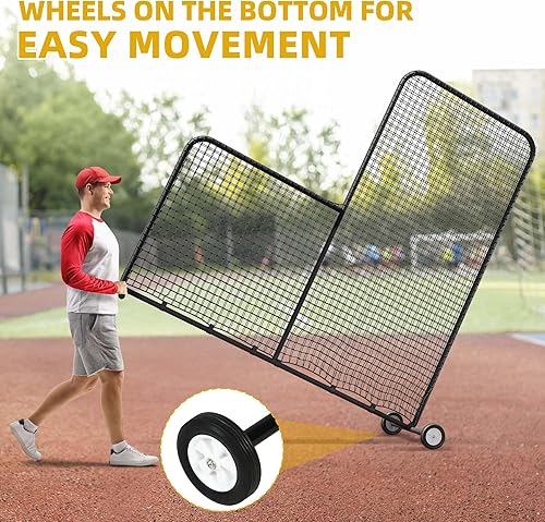 Miniatura 4 de Pantalla L de béisbol con ruedas para jaula de bateo, red protectora de jarra de 7 x 7 pies para protección de lanzadores, incluye guante de