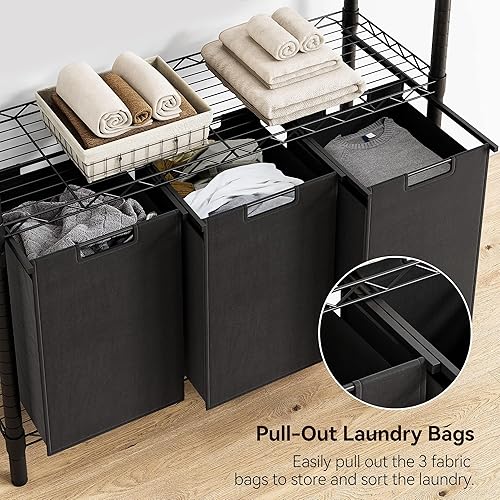 Miniatura 4 de IDEALHOUSE Clasificador de 3 cestas de lavandería 2024  Cesta plegable con 3 bolsas de lavandería de 45 L y estante de almacenamiento ajustable de 3
