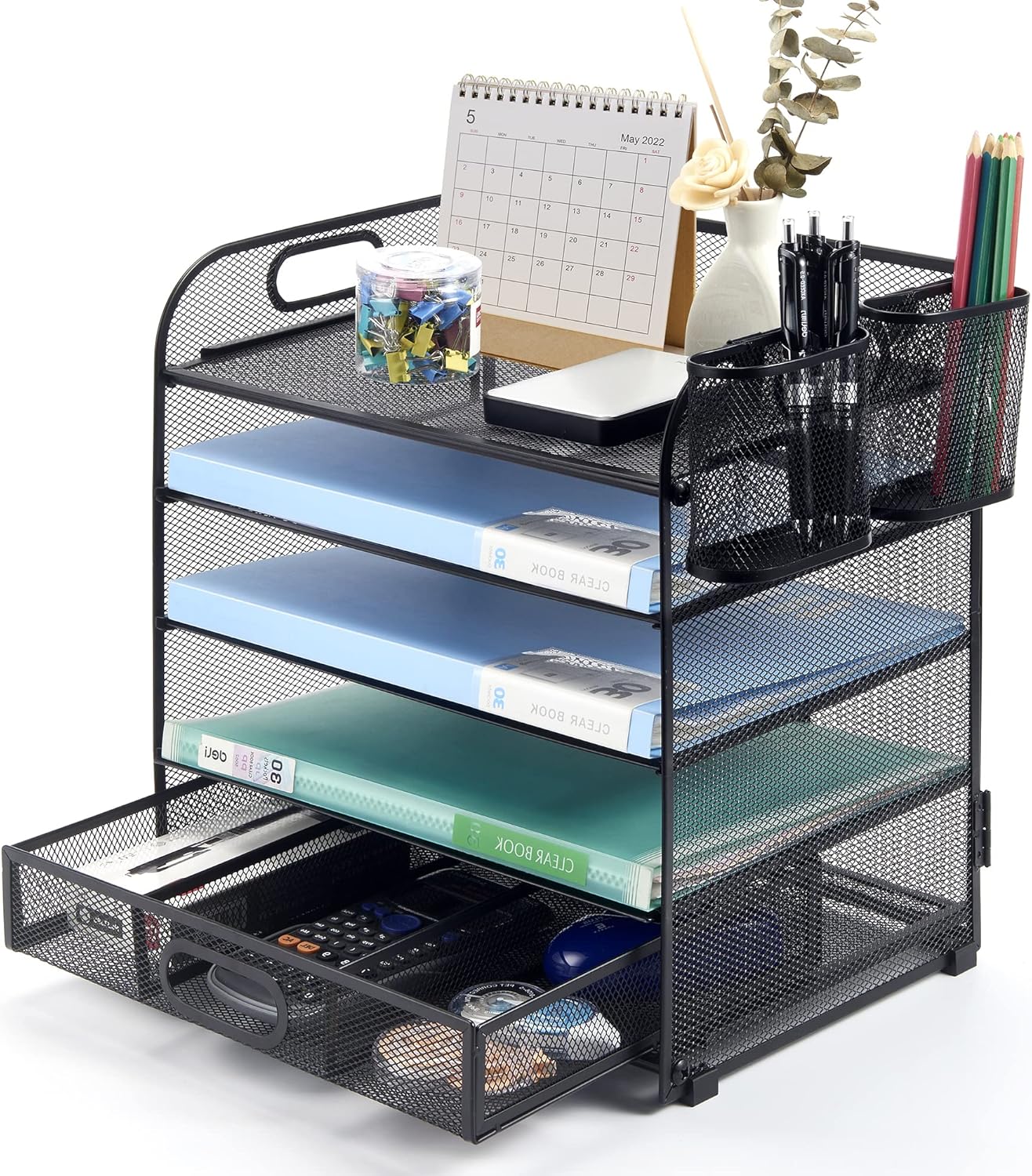 4Tray Desk File Organizers with Pen Holders and Drawer Office Desk