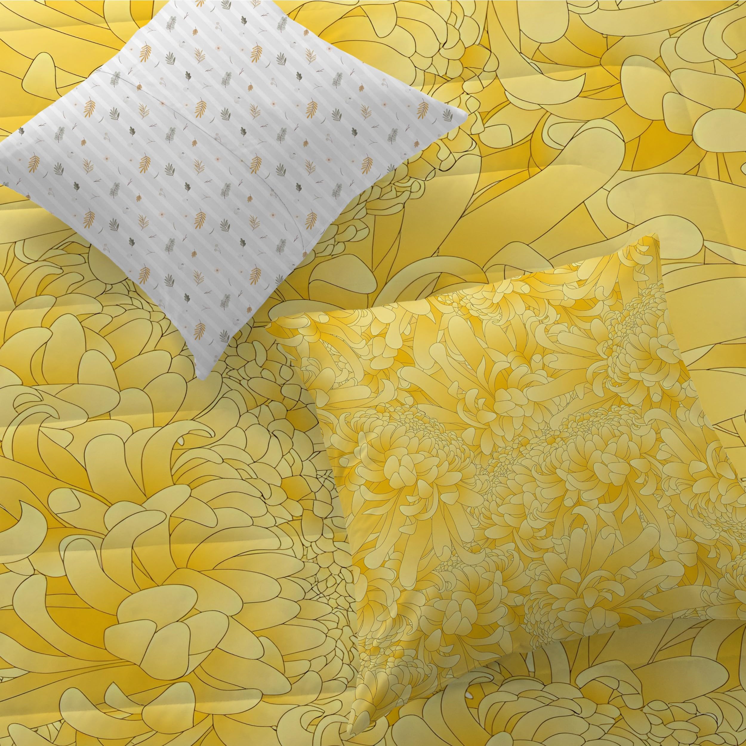 Couette 220x240 Sans Housse Floraison de Chrysanthèmes - Duvet 2 Personnes, Couette Imprimée Fleurs , Légère 4 Saisons, anti acariens, Lavable en Machine, Édredon avec 2 Taies 65x65 cm, Jaune Soleil