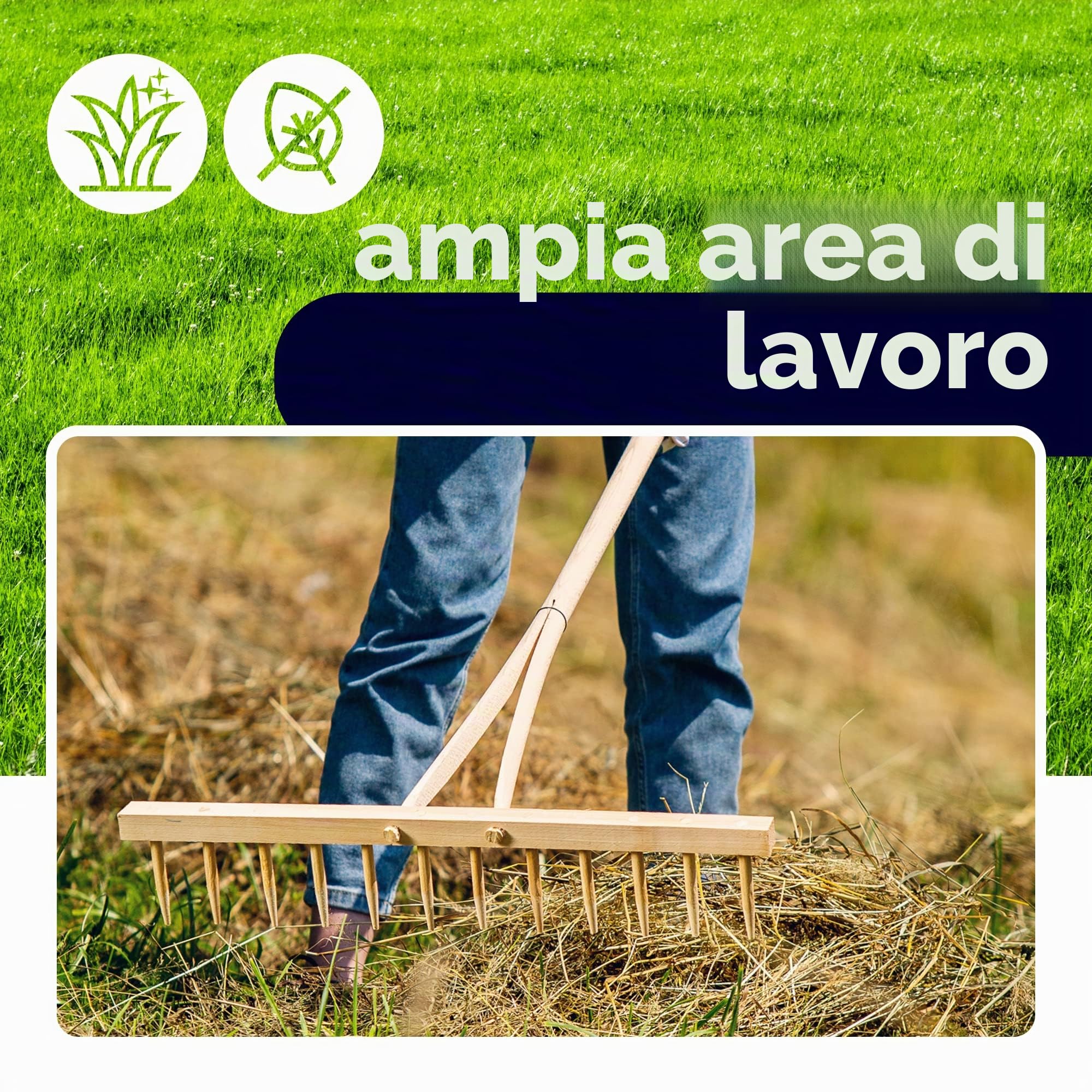 KADAX Rastrello da Fieno con Manico Lungo in Legno - Manico Lungo in Legno - per Giardinaggio - presa lunga per lavorare in piedi