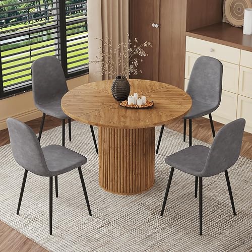 Miniatura 11 de Juego de mesa de comedor redonda para mesa de comedor de madera acanalada de 4,42 pulgadas para 4 con pedestal cilíndrico, juego de mesa y sillas de