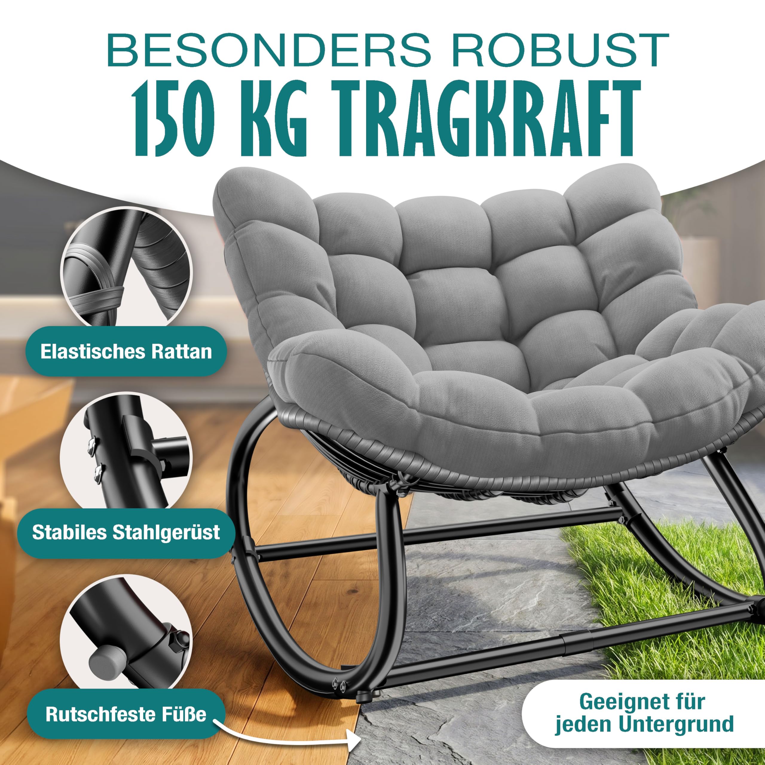 KESSER Sedia a dondolo per interni ed esterni, ergonomica, carico massimo di 120 kg, con piedini antiscivolo, resistente alle intemperie
